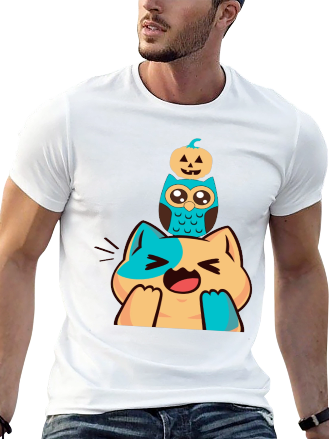 Cute Cat Owl & Pumpkin Stacked Graphic Tee