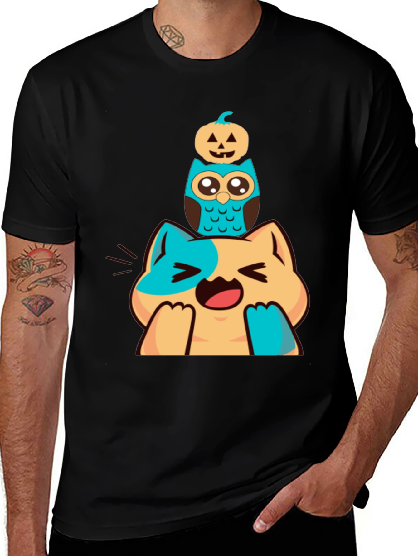 Cute Cat Owl & Pumpkin Stacked Graphic Tee