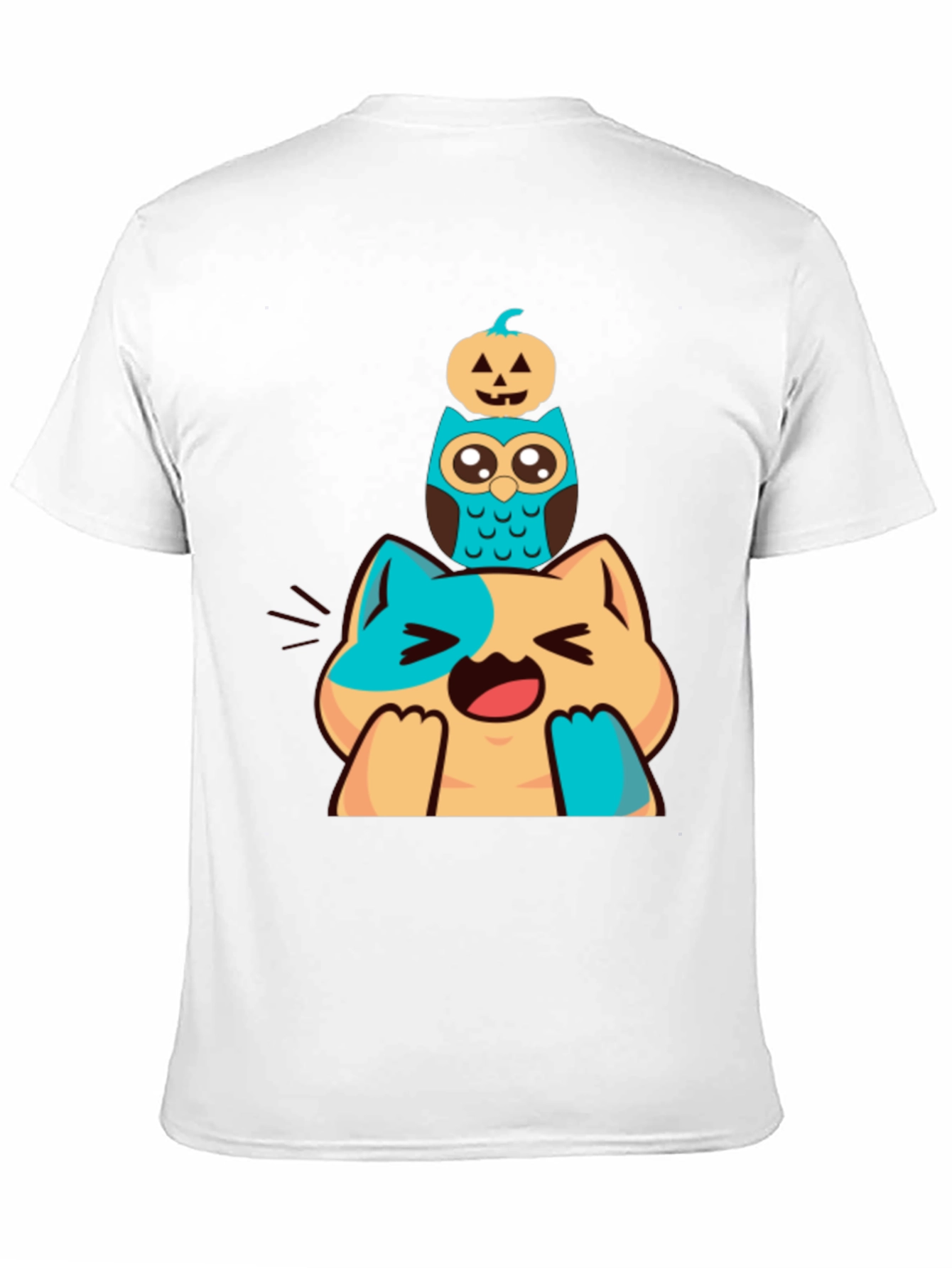 Cute Cat Owl & Pumpkin Stacked Graphic Tee