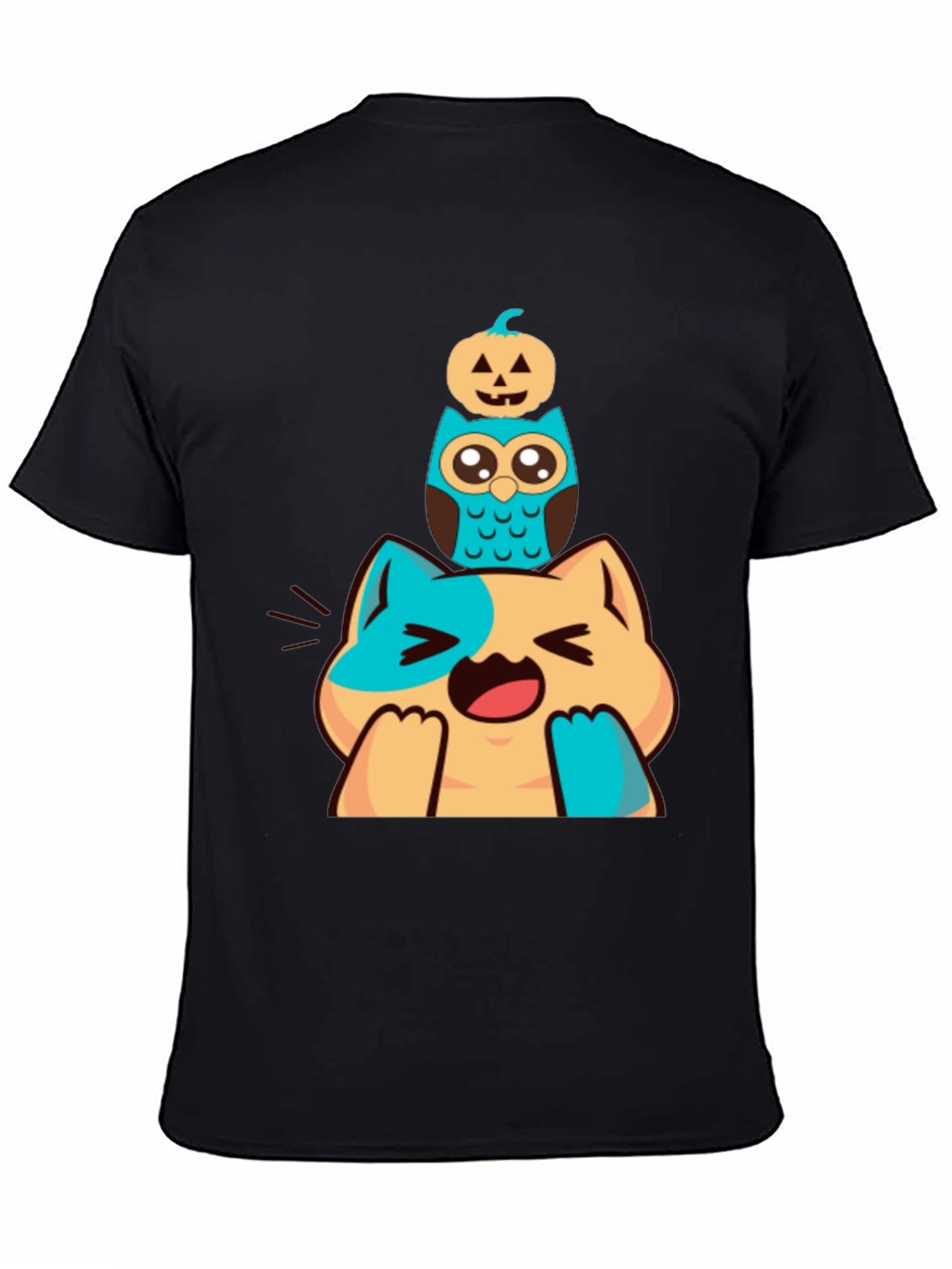 Cute Cat Owl & Pumpkin Stacked Graphic Tee