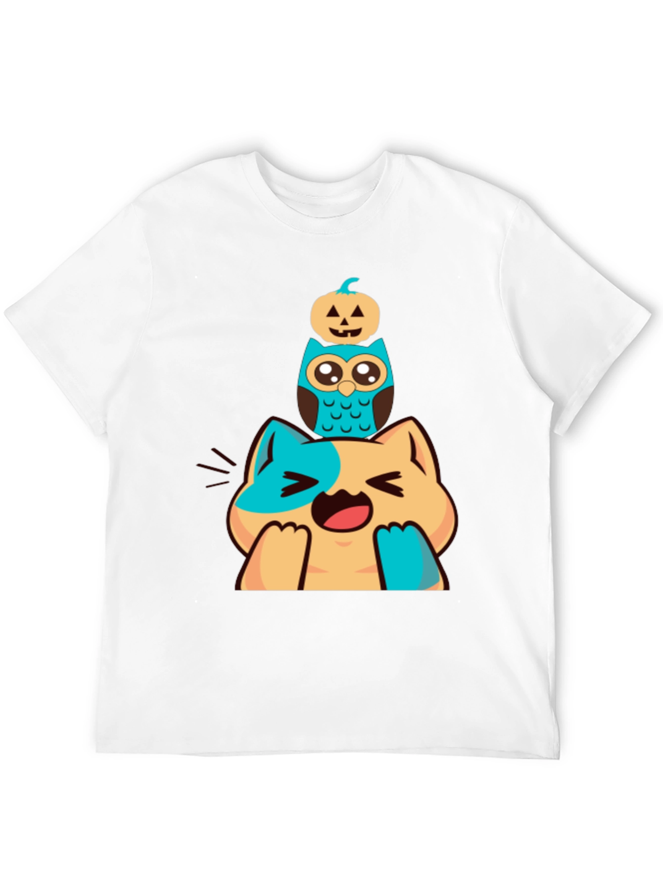 Cute Cat Owl & Pumpkin Stacked Graphic Tee