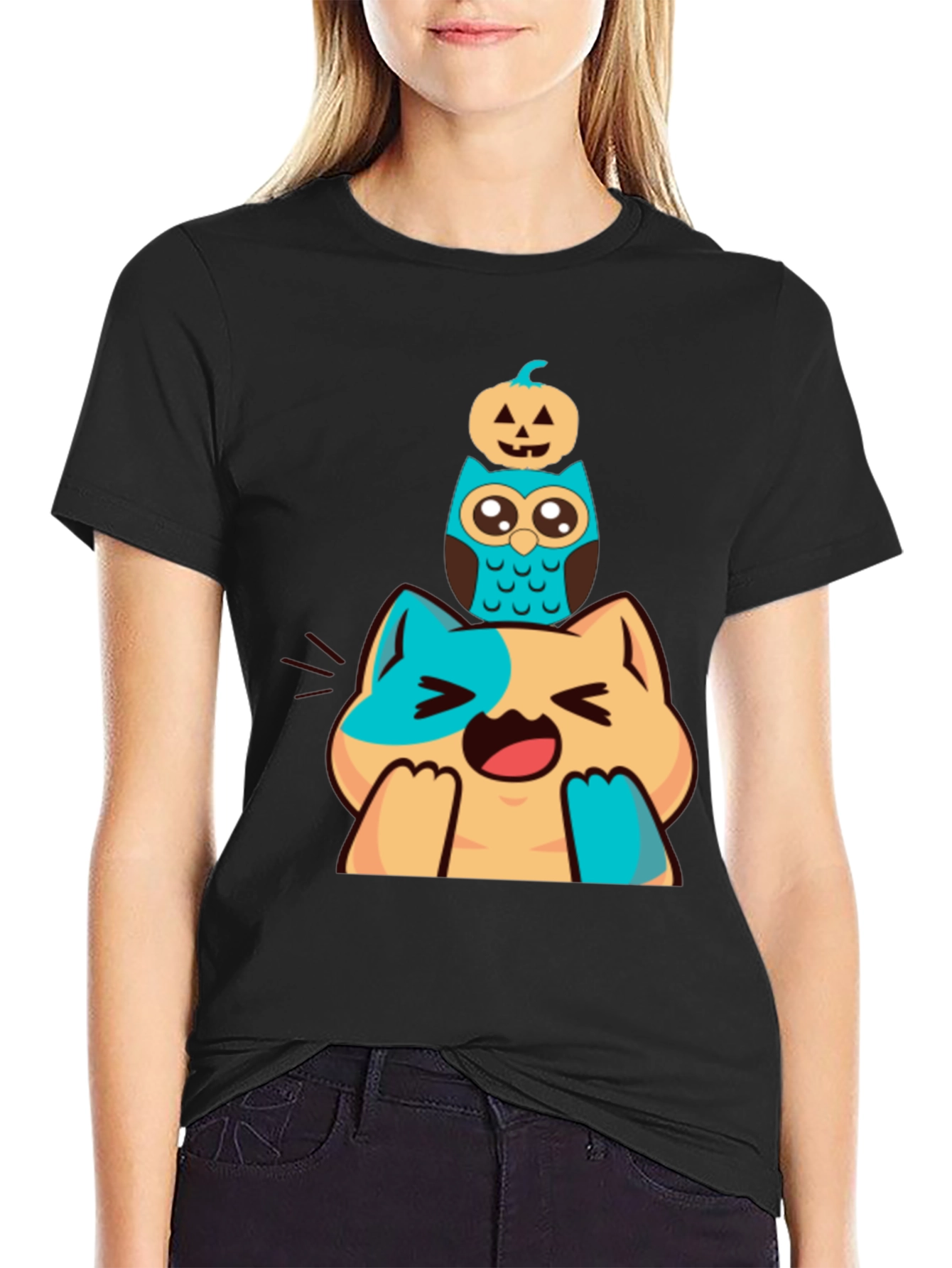 Cute Cat Owl & Pumpkin Stacked Graphic Tee