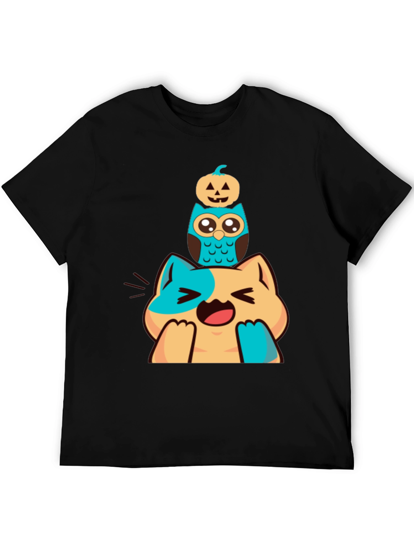Cute Cat Owl & Pumpkin Stacked Graphic Tee