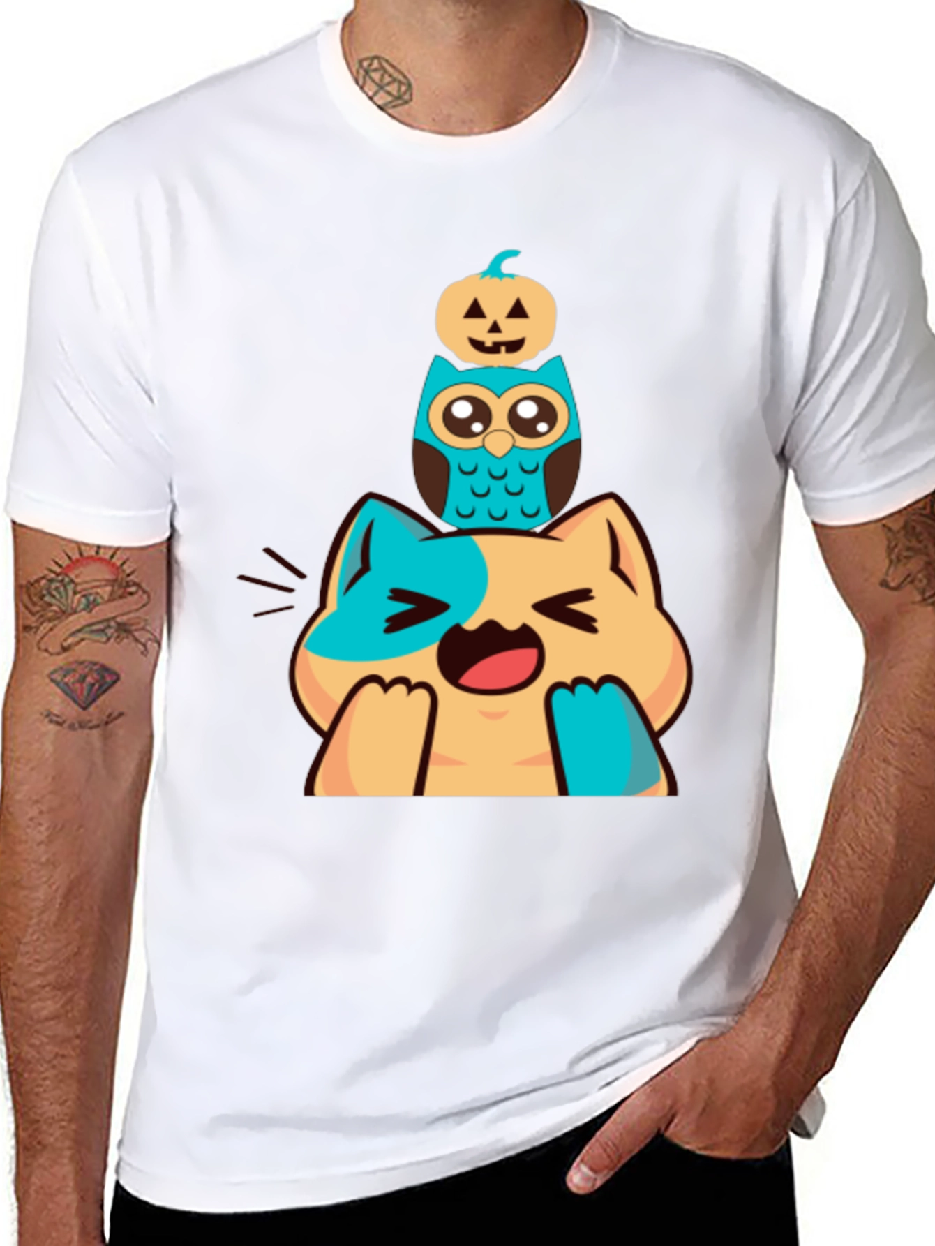 Cute Cat Owl & Pumpkin Stacked Graphic Tee