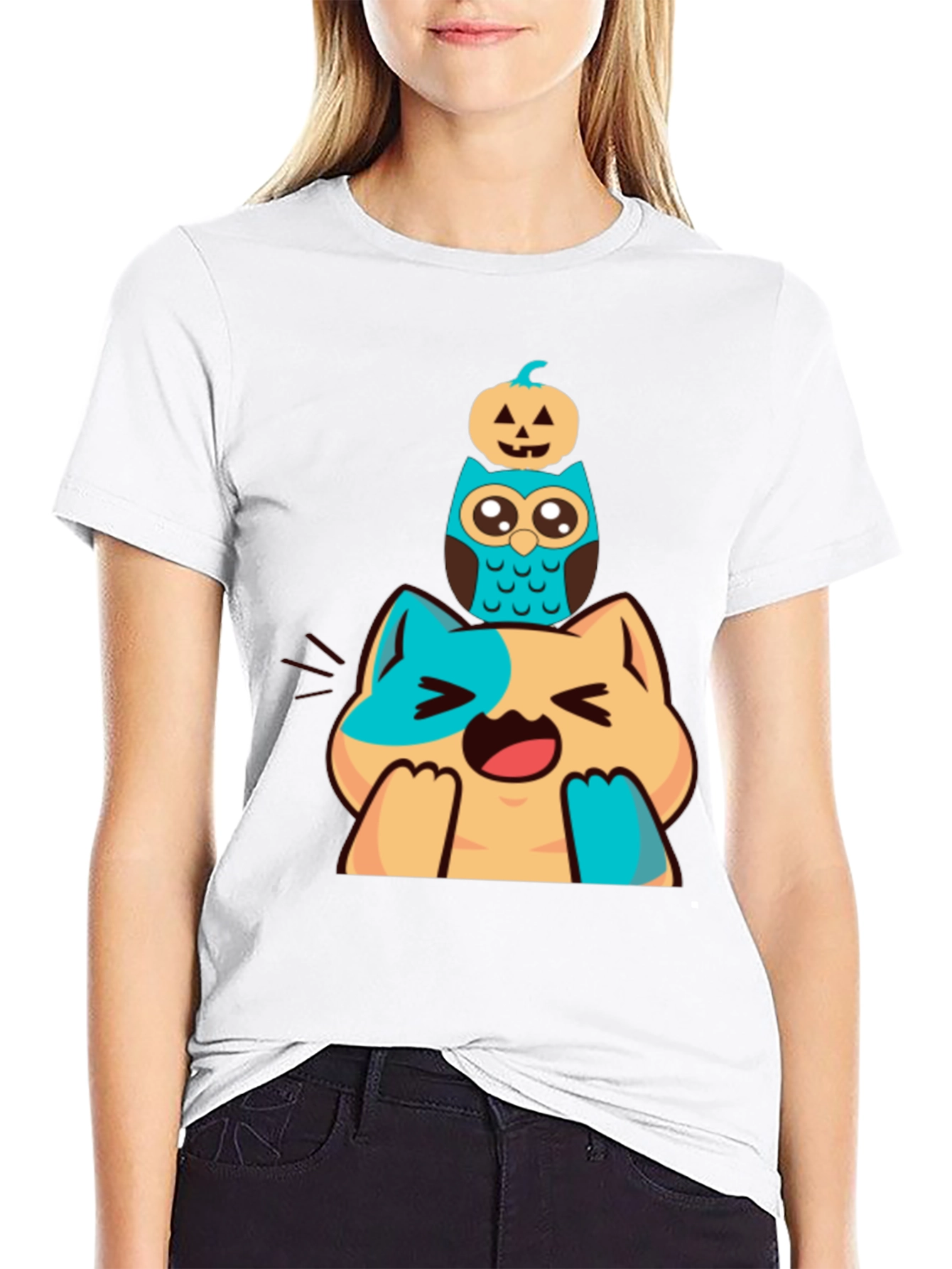 Cute Cat Owl & Pumpkin Stacked Graphic Tee