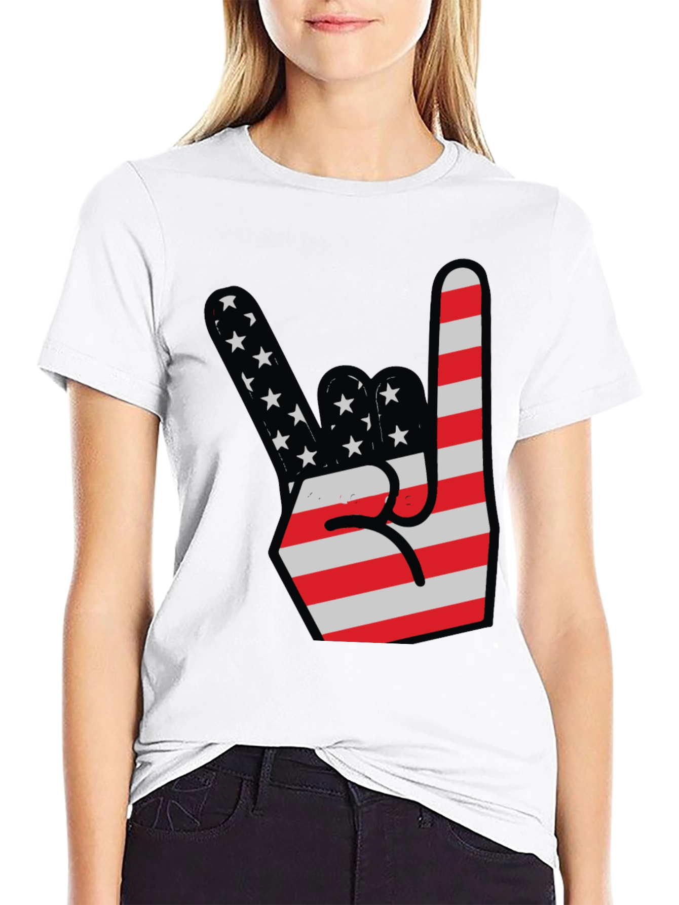 USA Flag Rock On Hand Gesture Graphic Tee