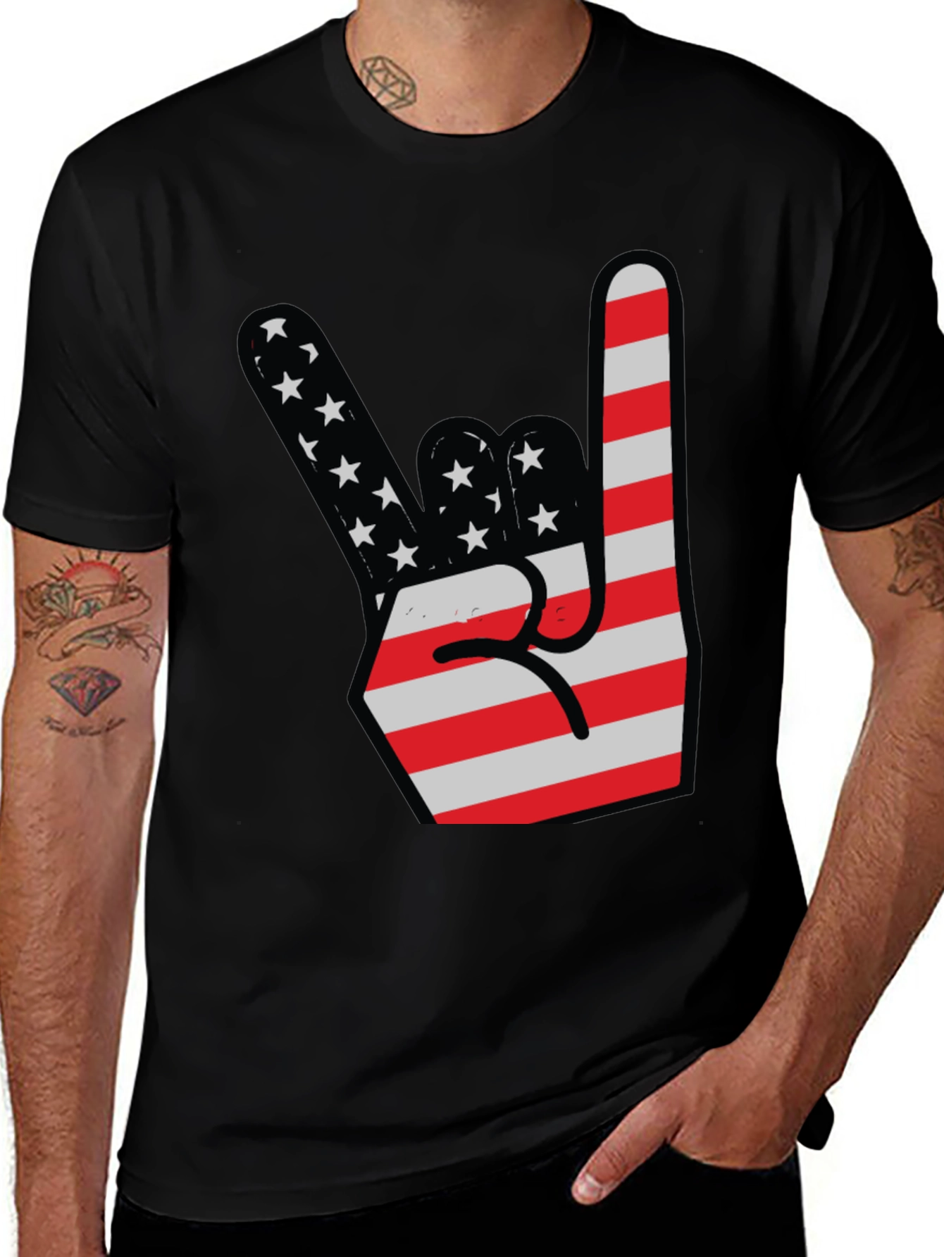 USA Flag Rock On Hand Gesture Graphic Tee