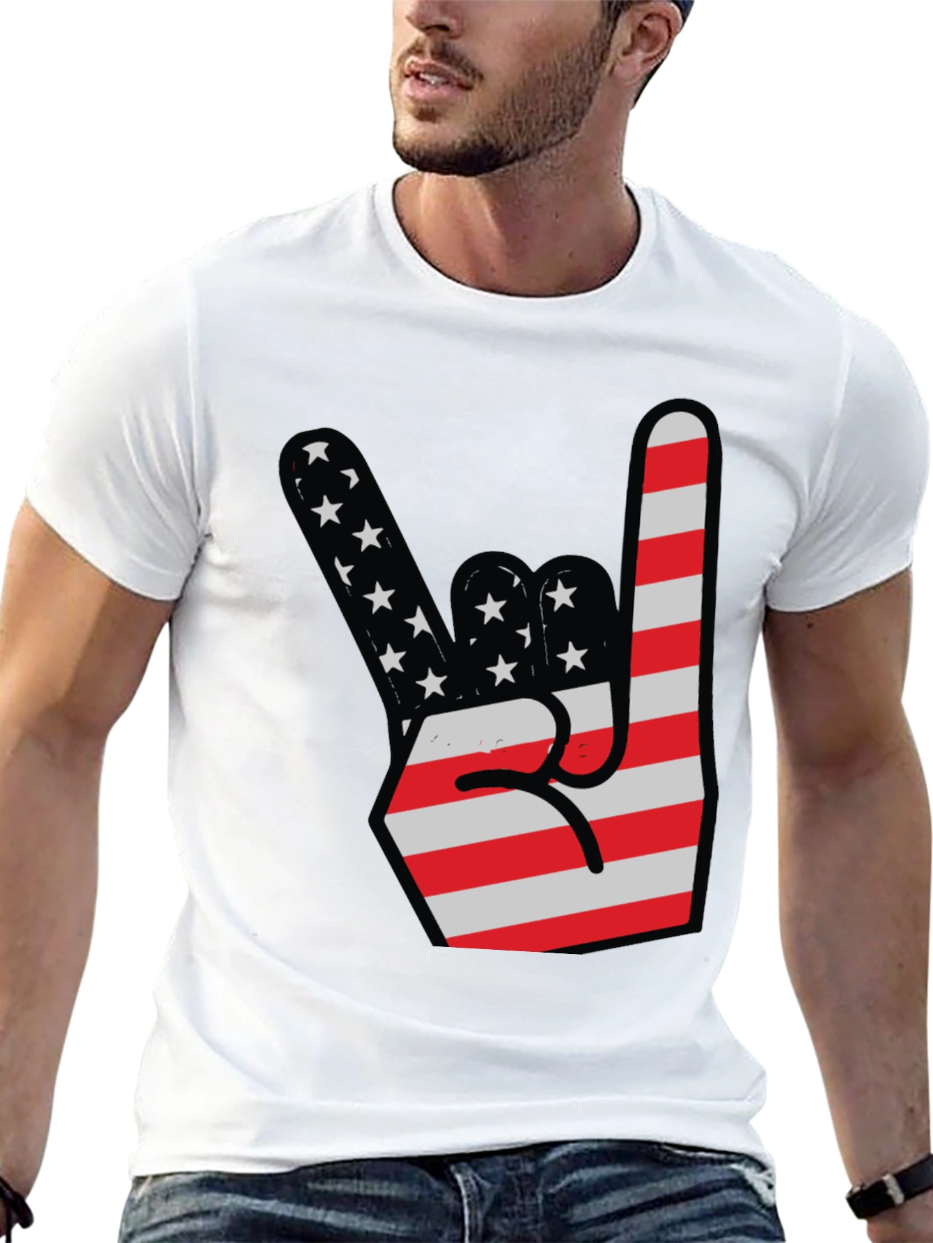 USA Flag Rock On Hand Gesture Graphic Tee
