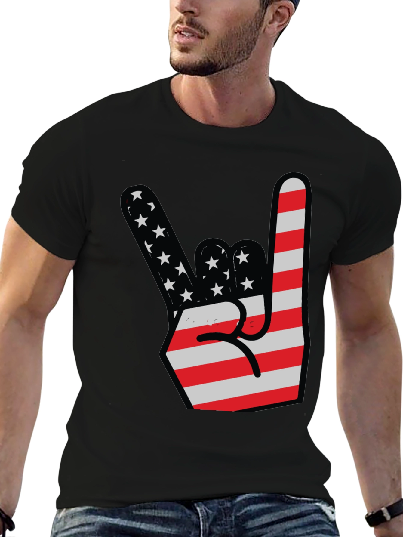 USA Flag Rock On Hand Gesture Graphic Tee