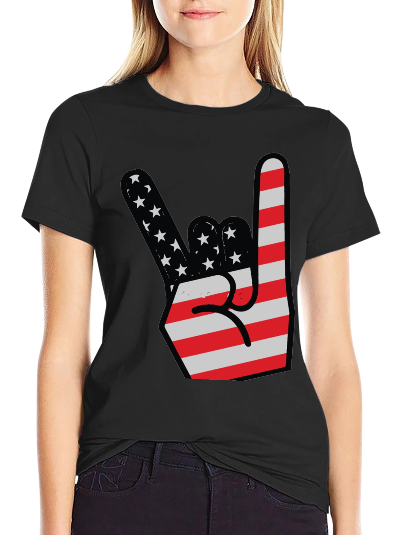 USA Flag Rock On Hand Gesture Graphic Tee
