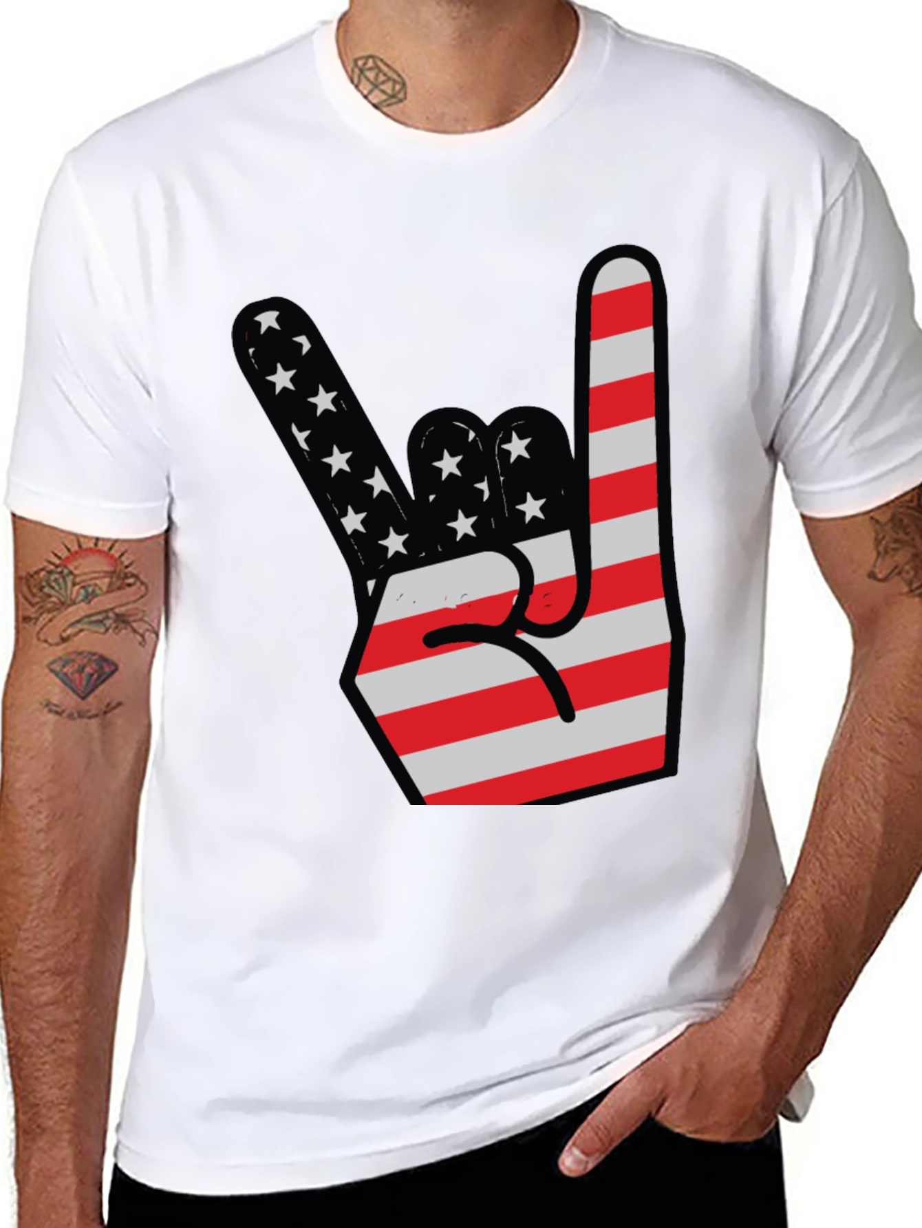USA Flag Rock On Hand Gesture Graphic Tee