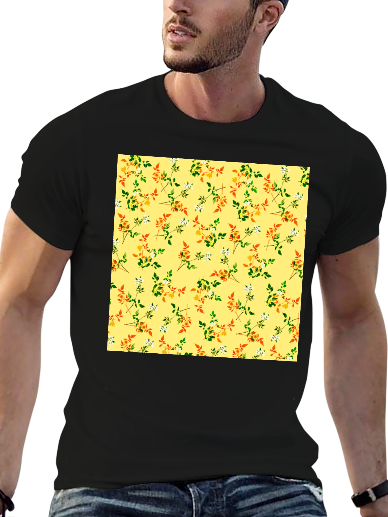 Floral Patterned Black T-Shirt