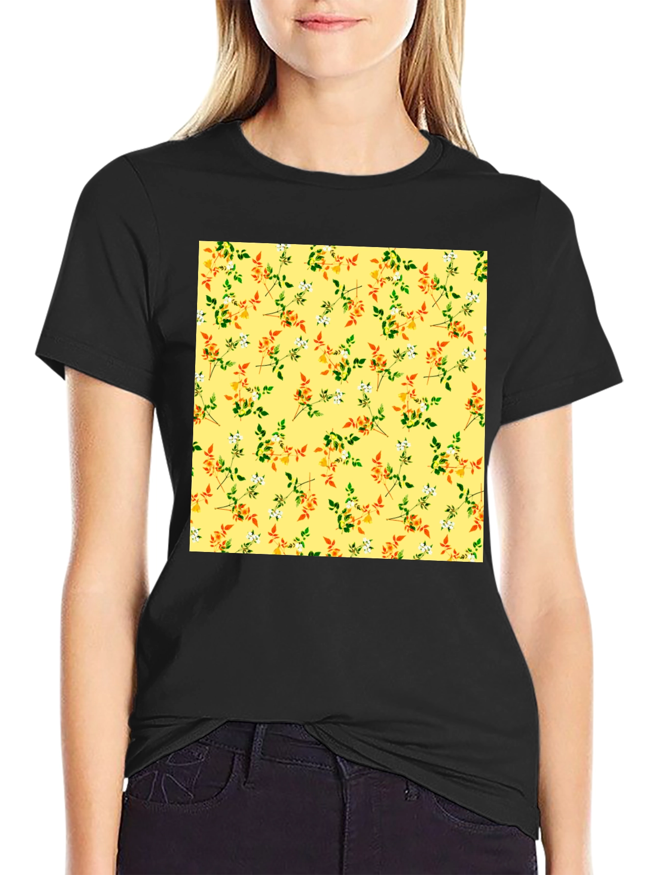 Floral Patterned Black T-Shirt