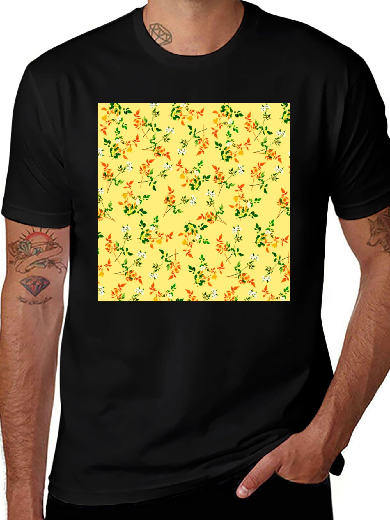 Floral Patterned Black T-Shirt