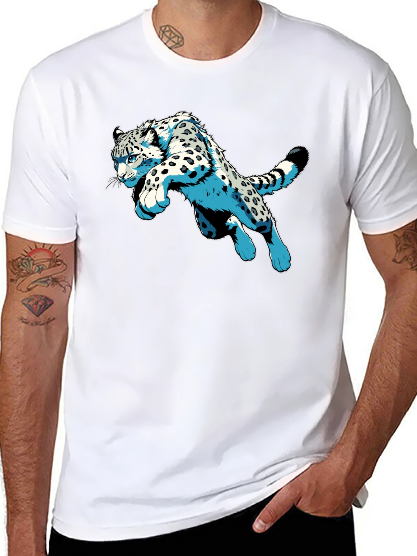 Snow Leopard Graphic Print Black T-Shirt