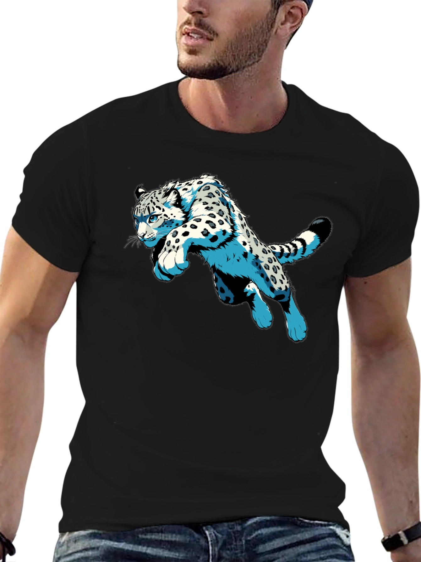 Snow Leopard Graphic Print Black T-Shirt