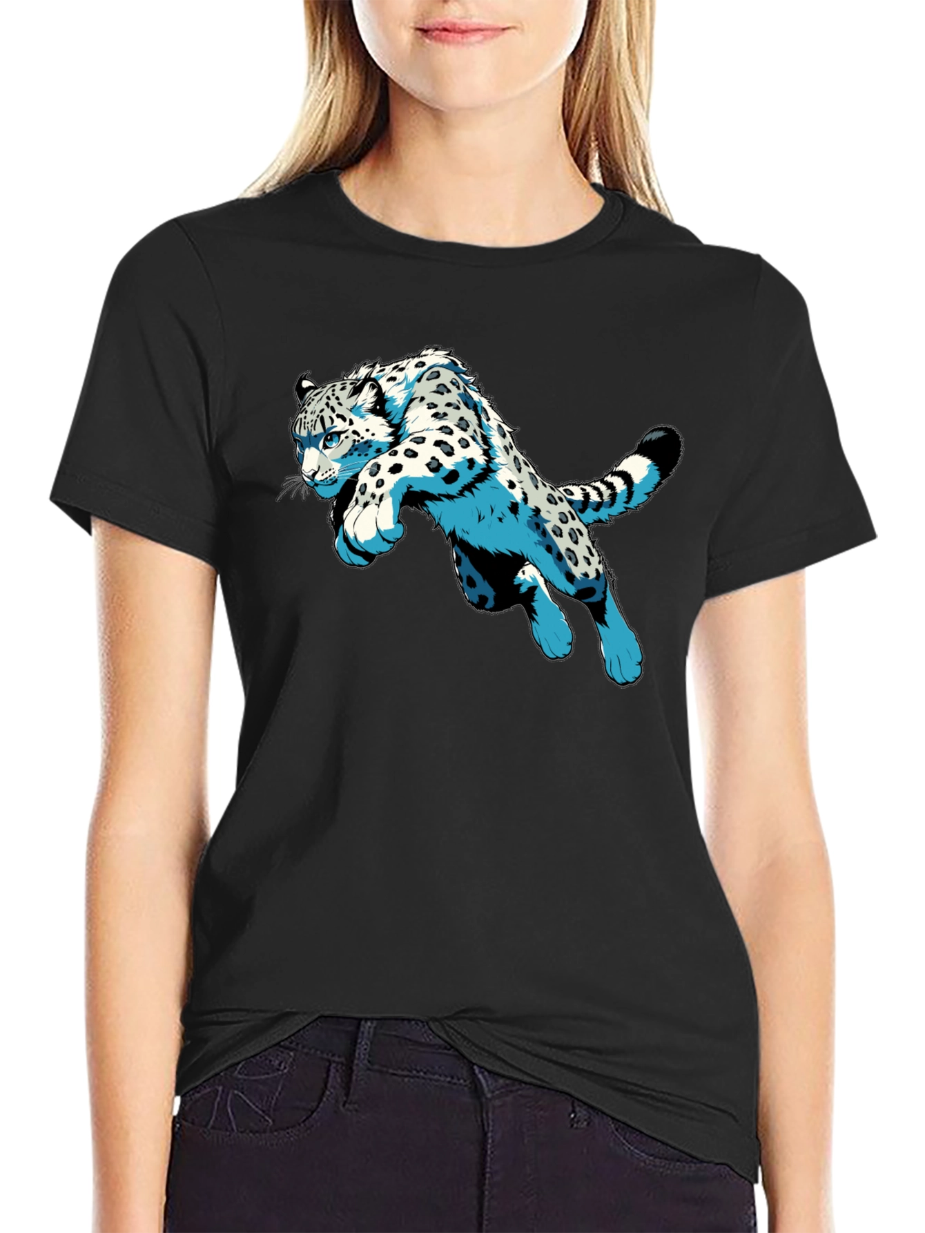 Snow Leopard Graphic Print Black T-Shirt
