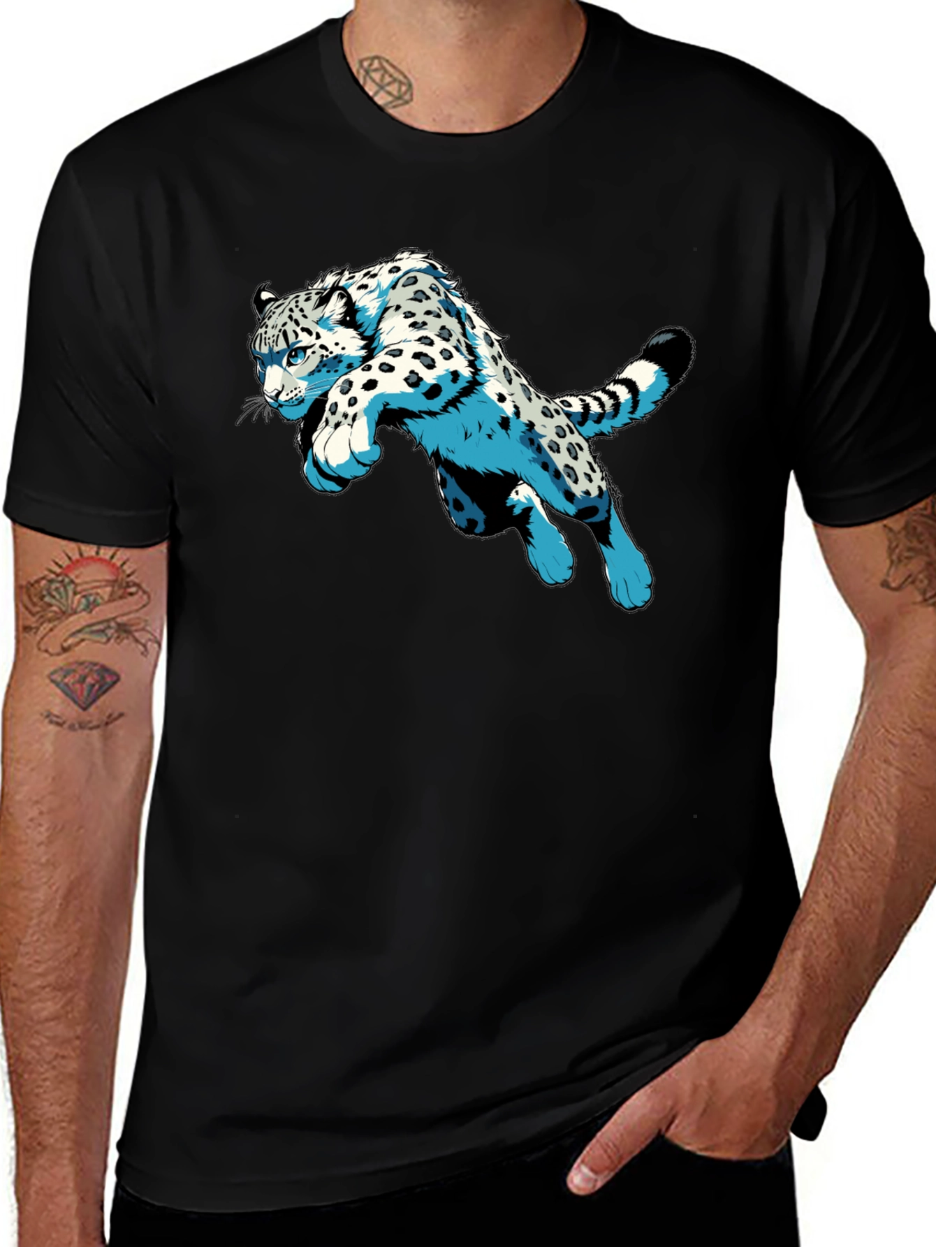 Snow Leopard Graphic Print Black T-Shirt