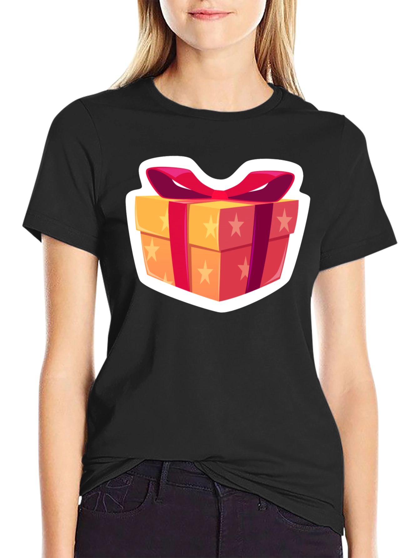 Festive Gift Box Graphic Tee - Black Cotton