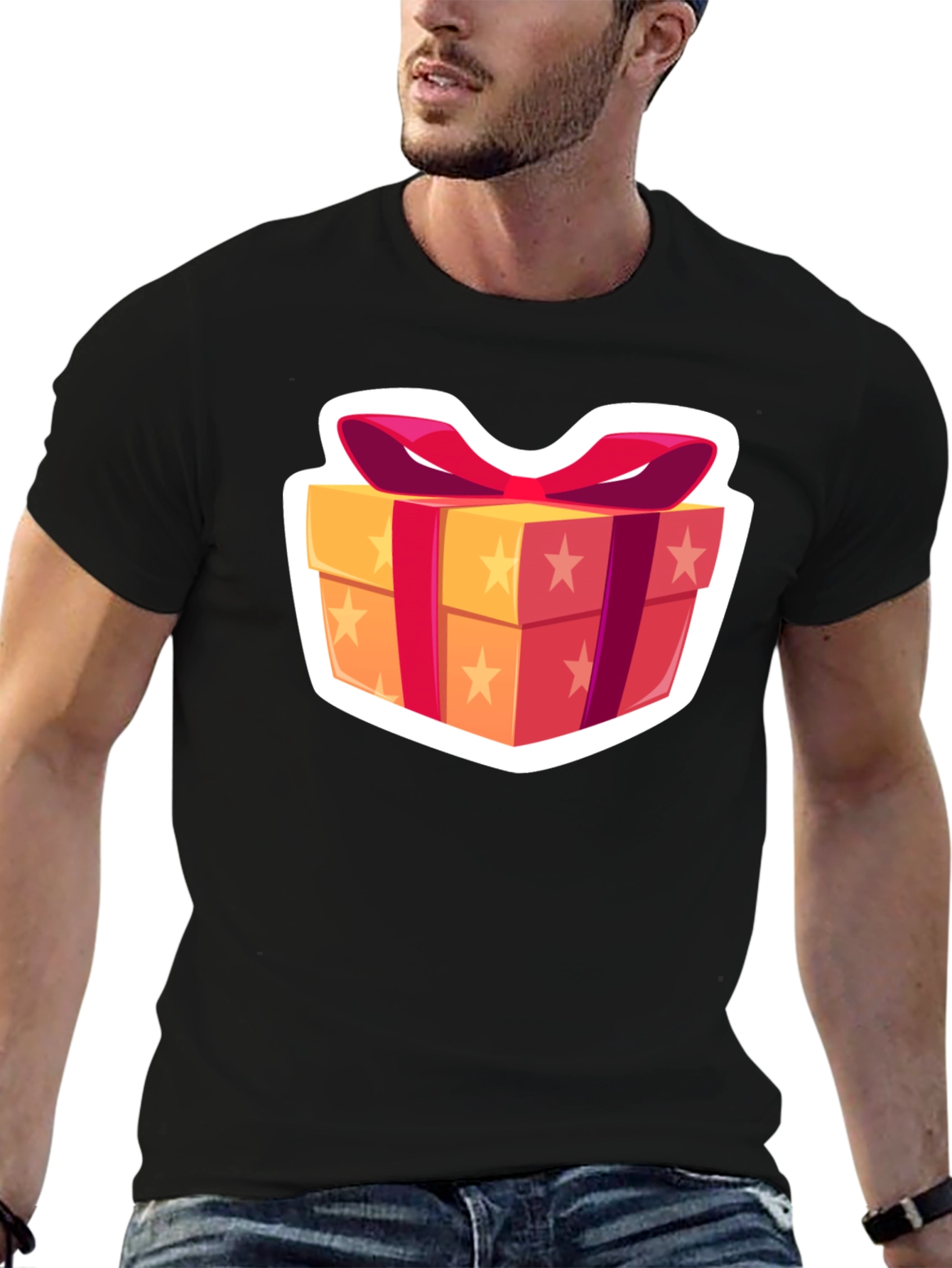 Festive Gift Box Graphic Tee - Black Cotton