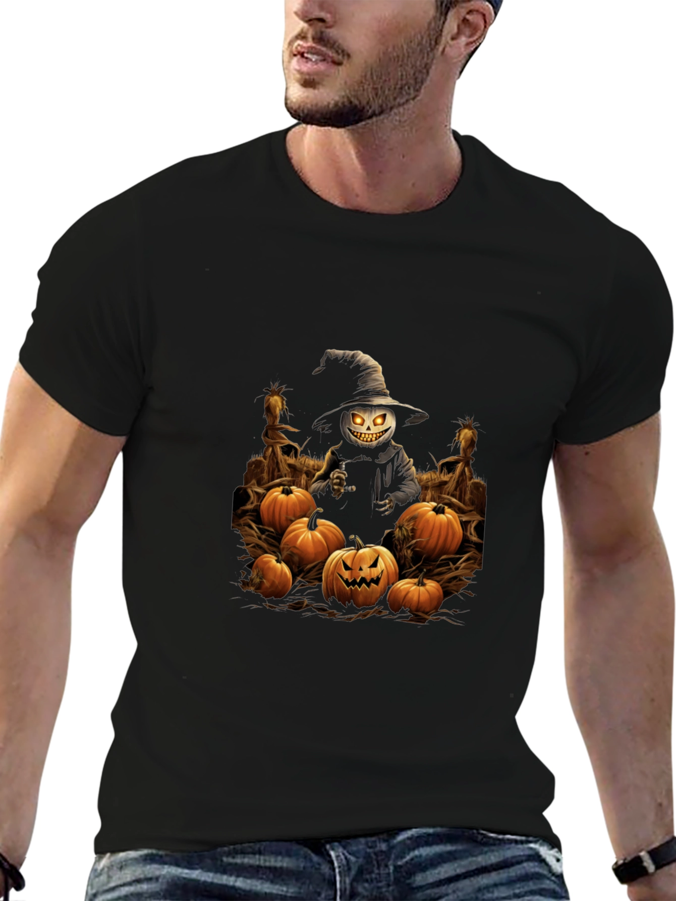 Halloween Scarecrow Pumpkin Patch Black T-Shirt