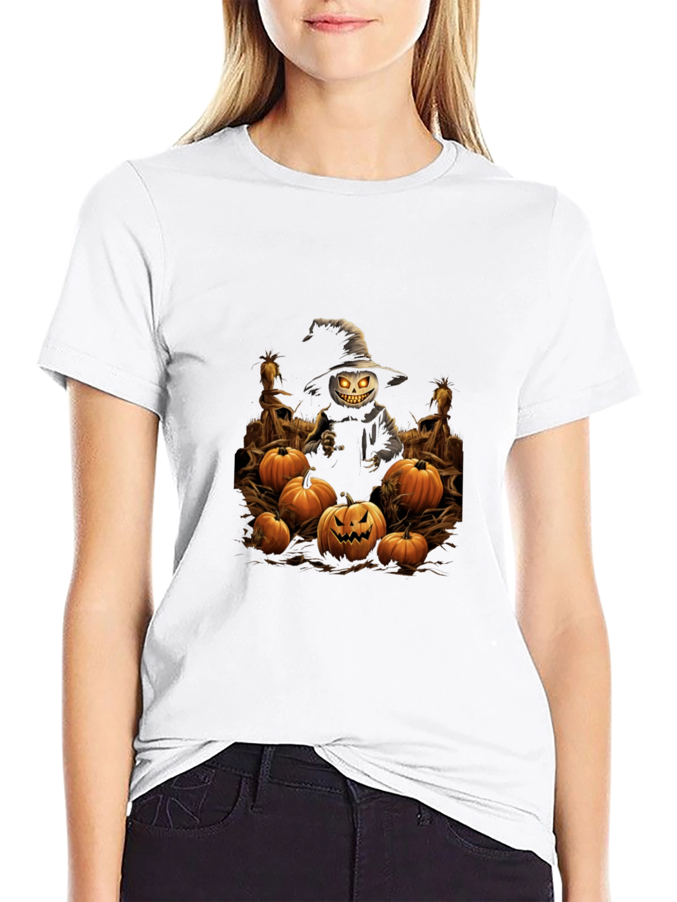 Halloween Scarecrow Pumpkin Patch Black T-Shirt