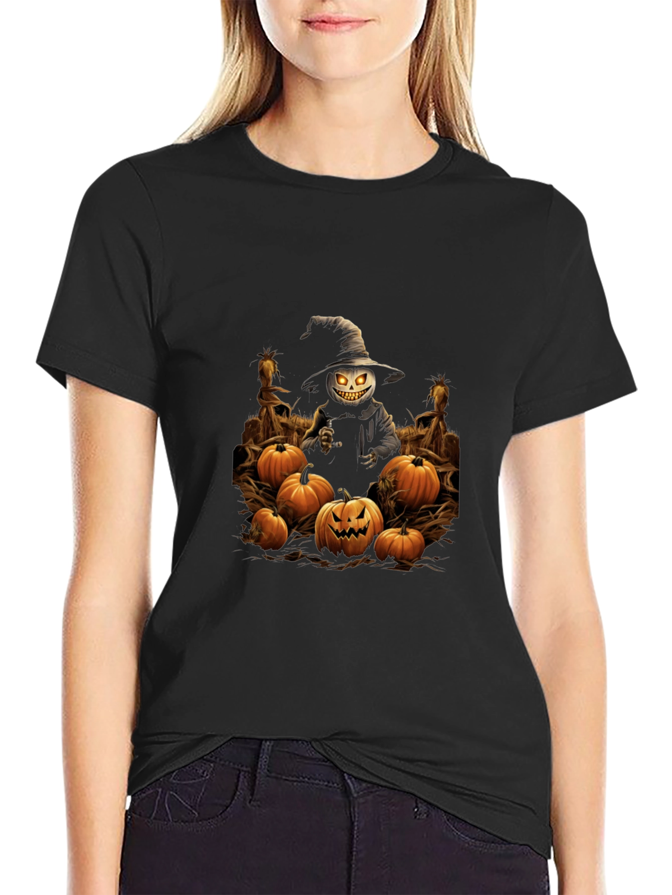 Halloween Scarecrow Pumpkin Patch Black T-Shirt