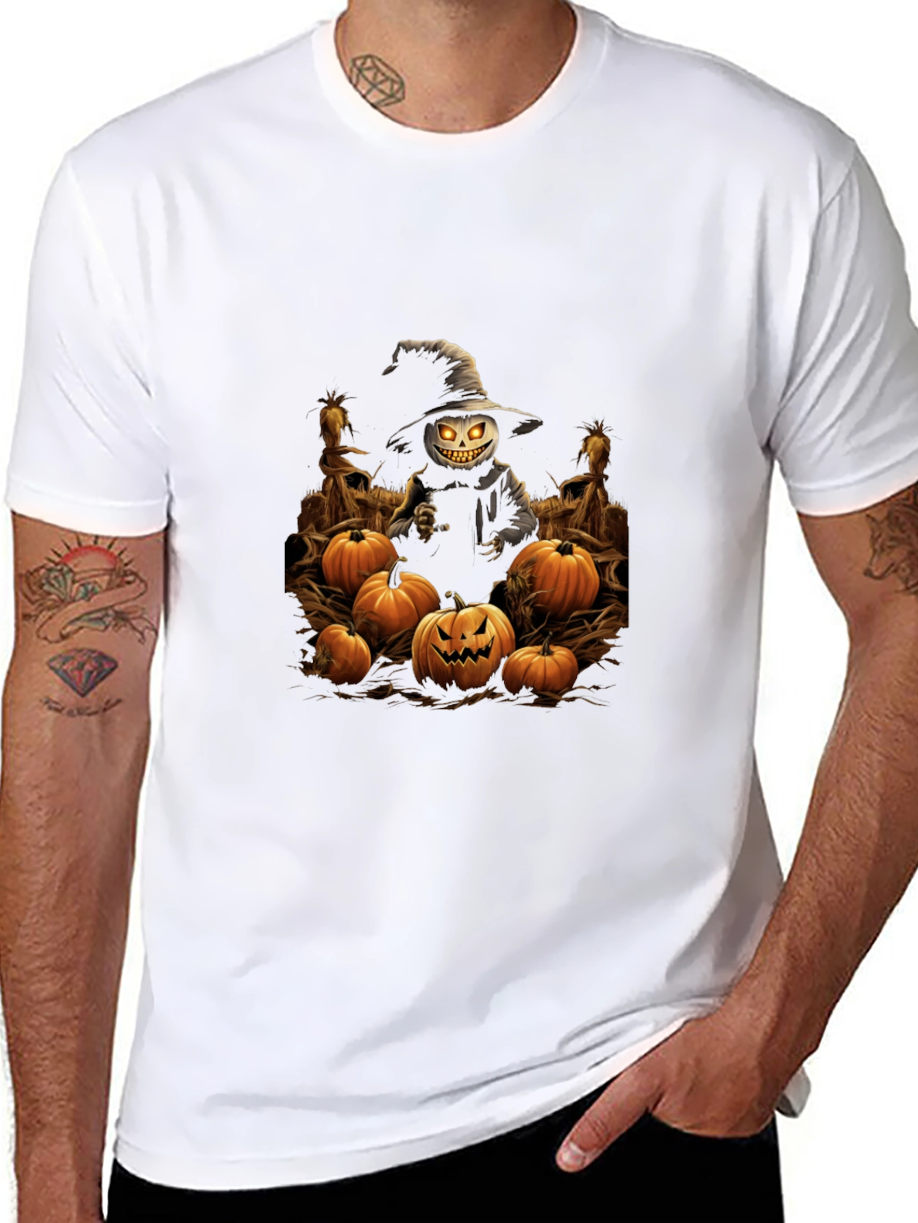Halloween Scarecrow Pumpkin Patch Black T-Shirt