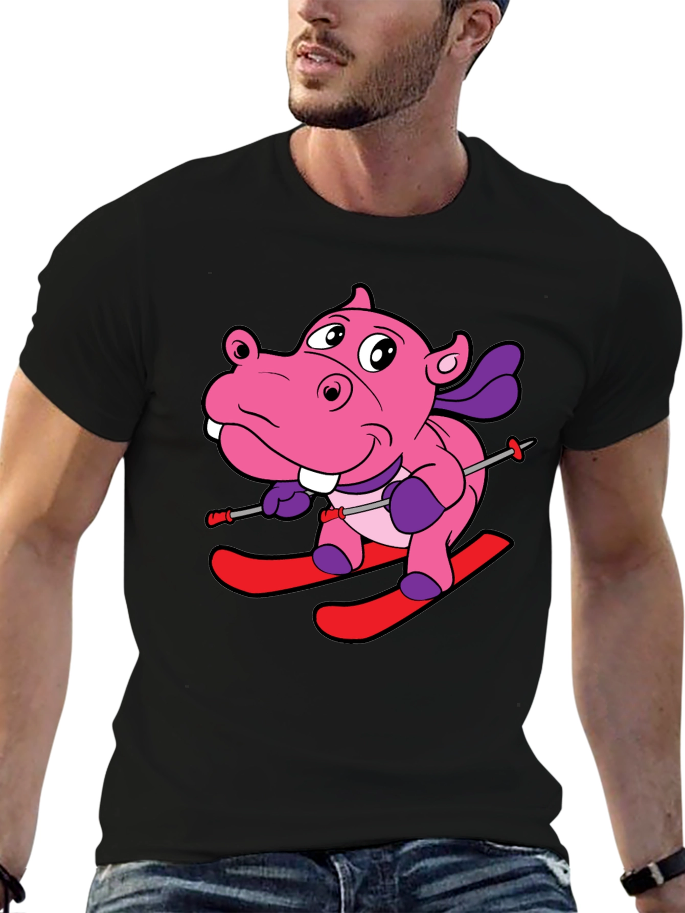 Hippo Skiing Graphic T-Shirt