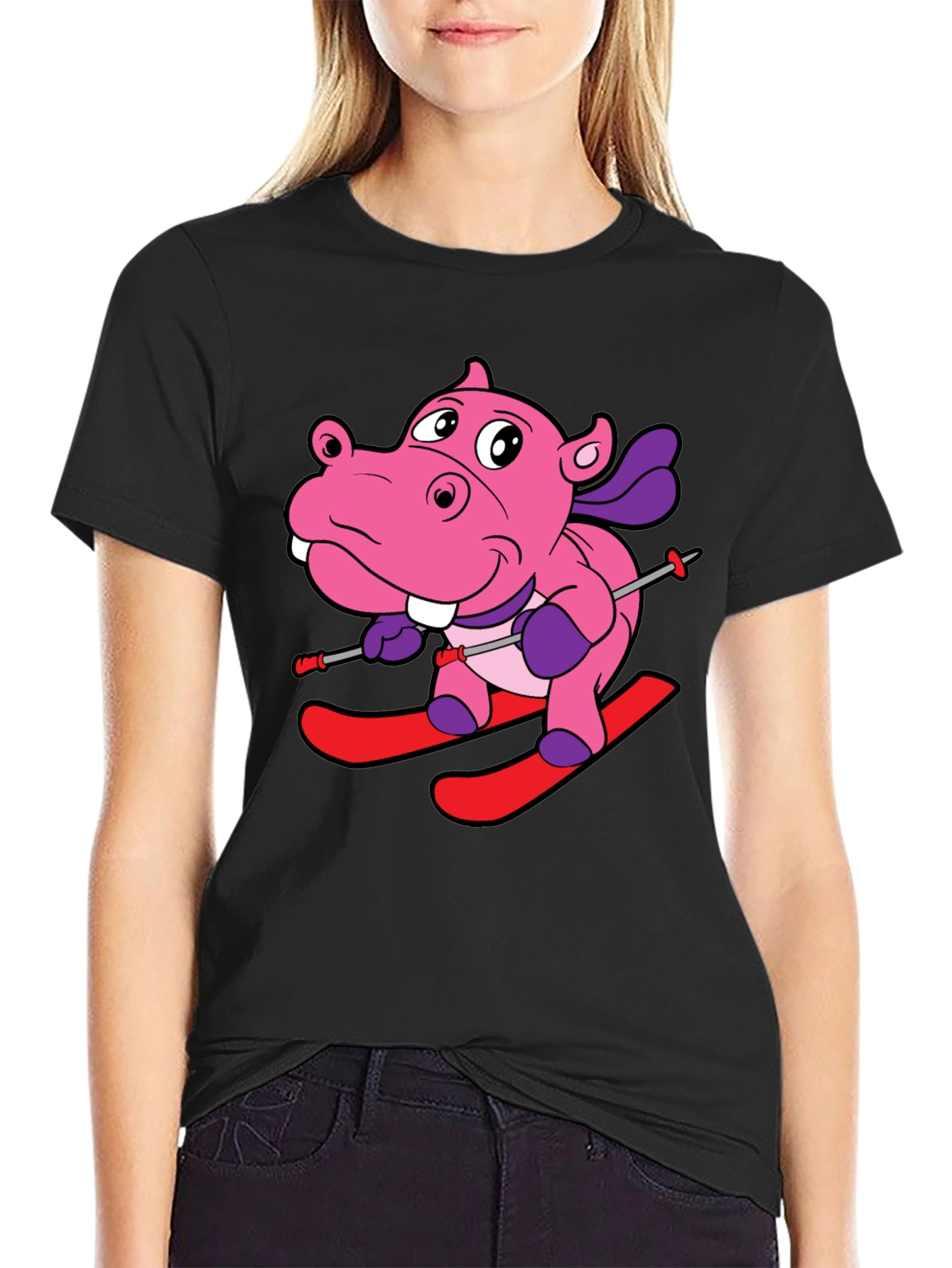Hippo Skiing Graphic T-Shirt