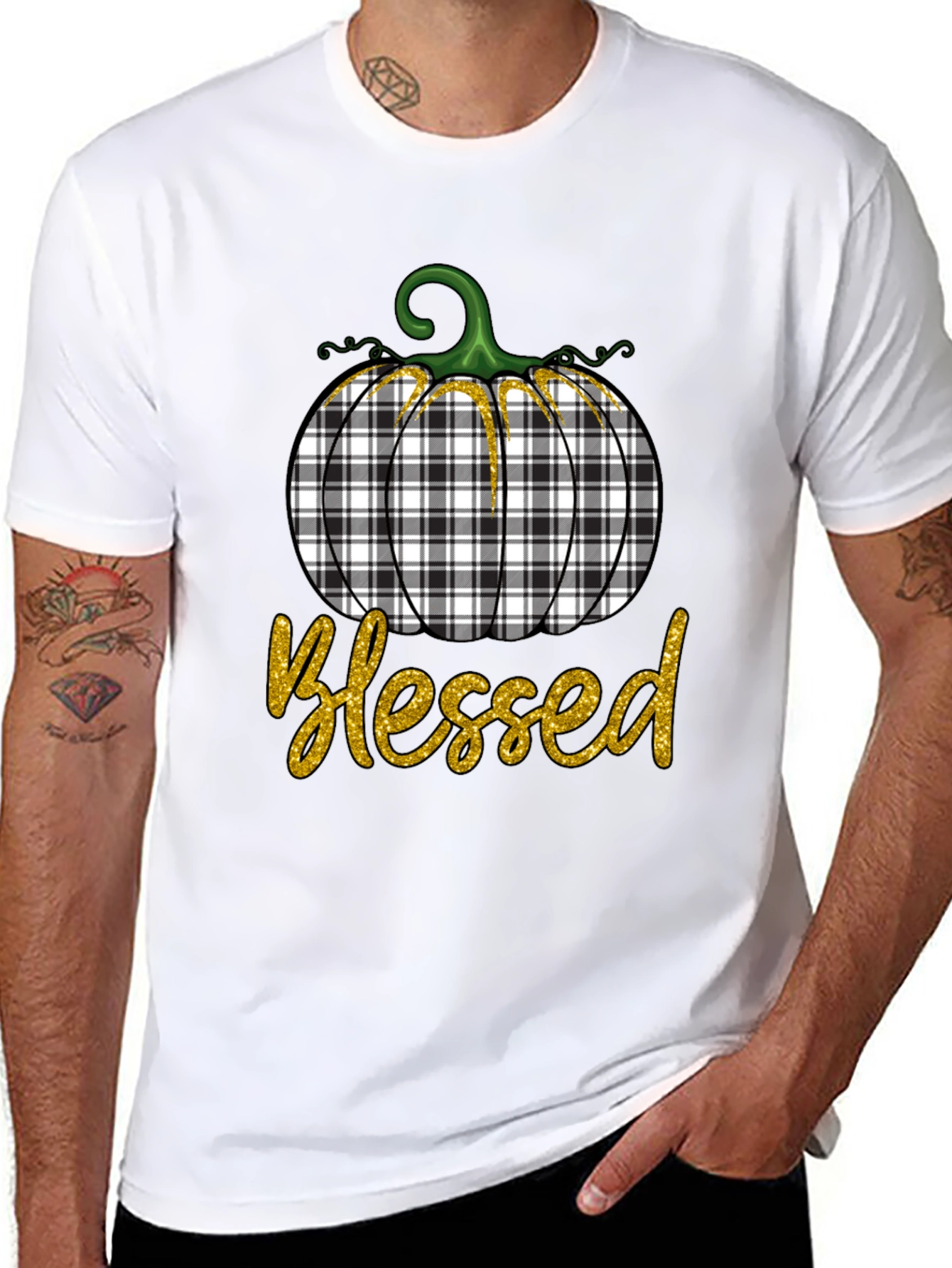 Blessed Plaid Pumpkin Graphic Tee - Fall Apparel
