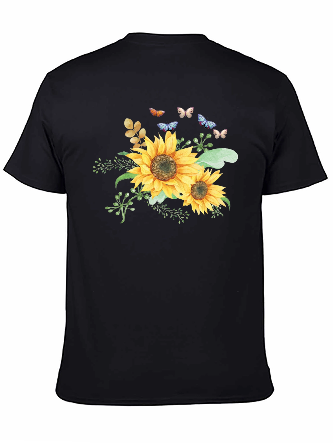 Sunflower & Butterfly Graphic Black T-Shirt