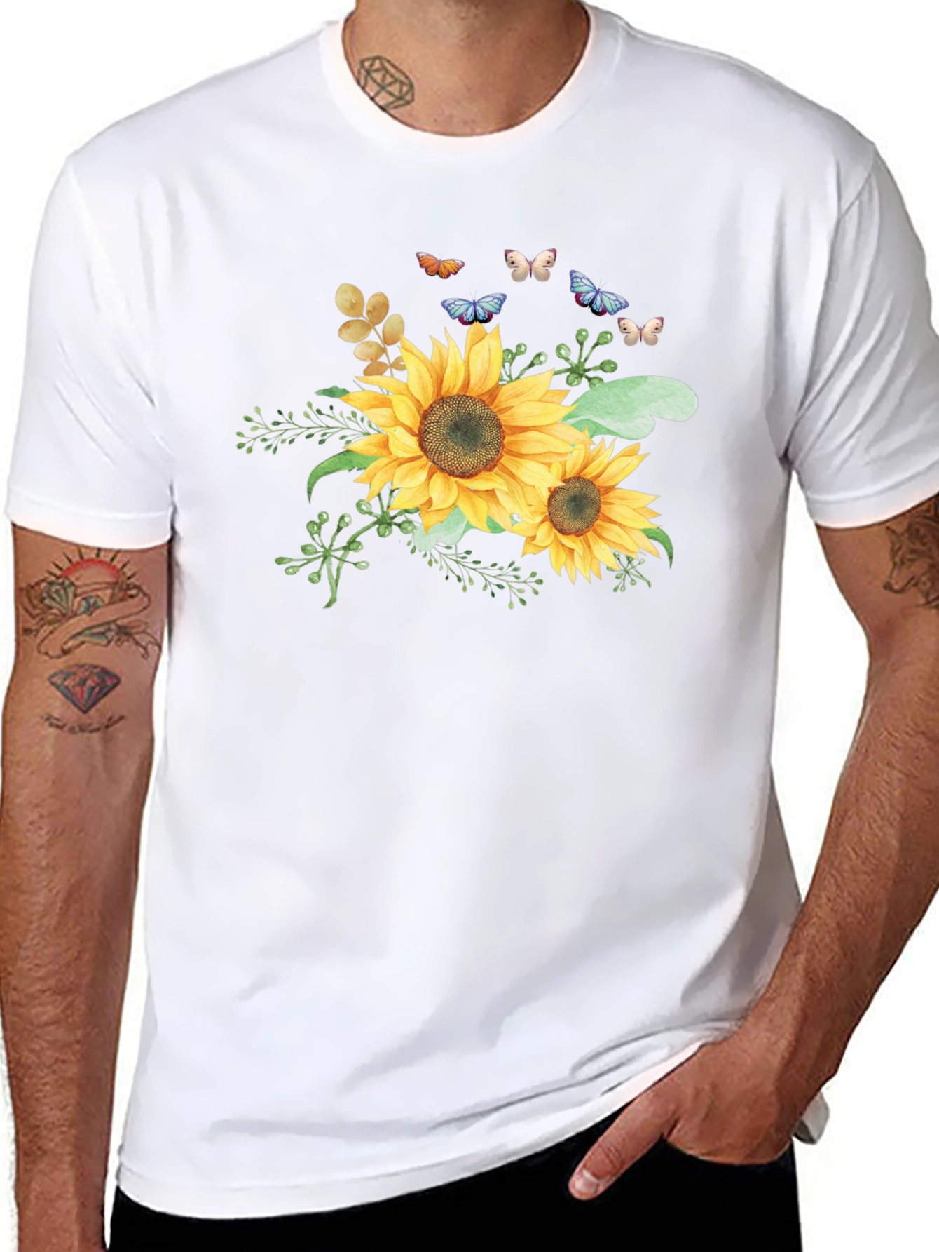 Sunflower & Butterfly Graphic Black T-Shirt