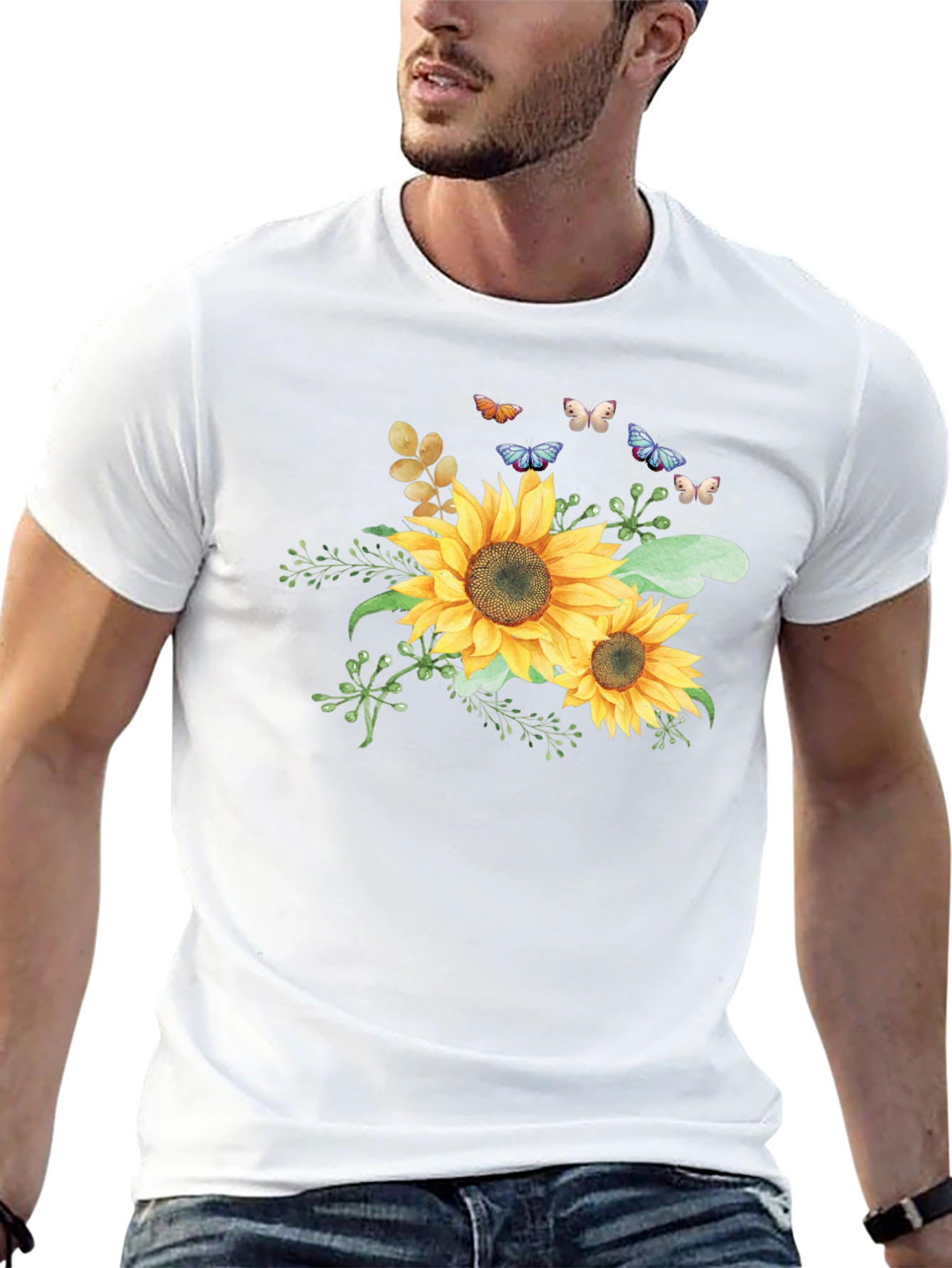 Sunflower & Butterfly Graphic Black T-Shirt