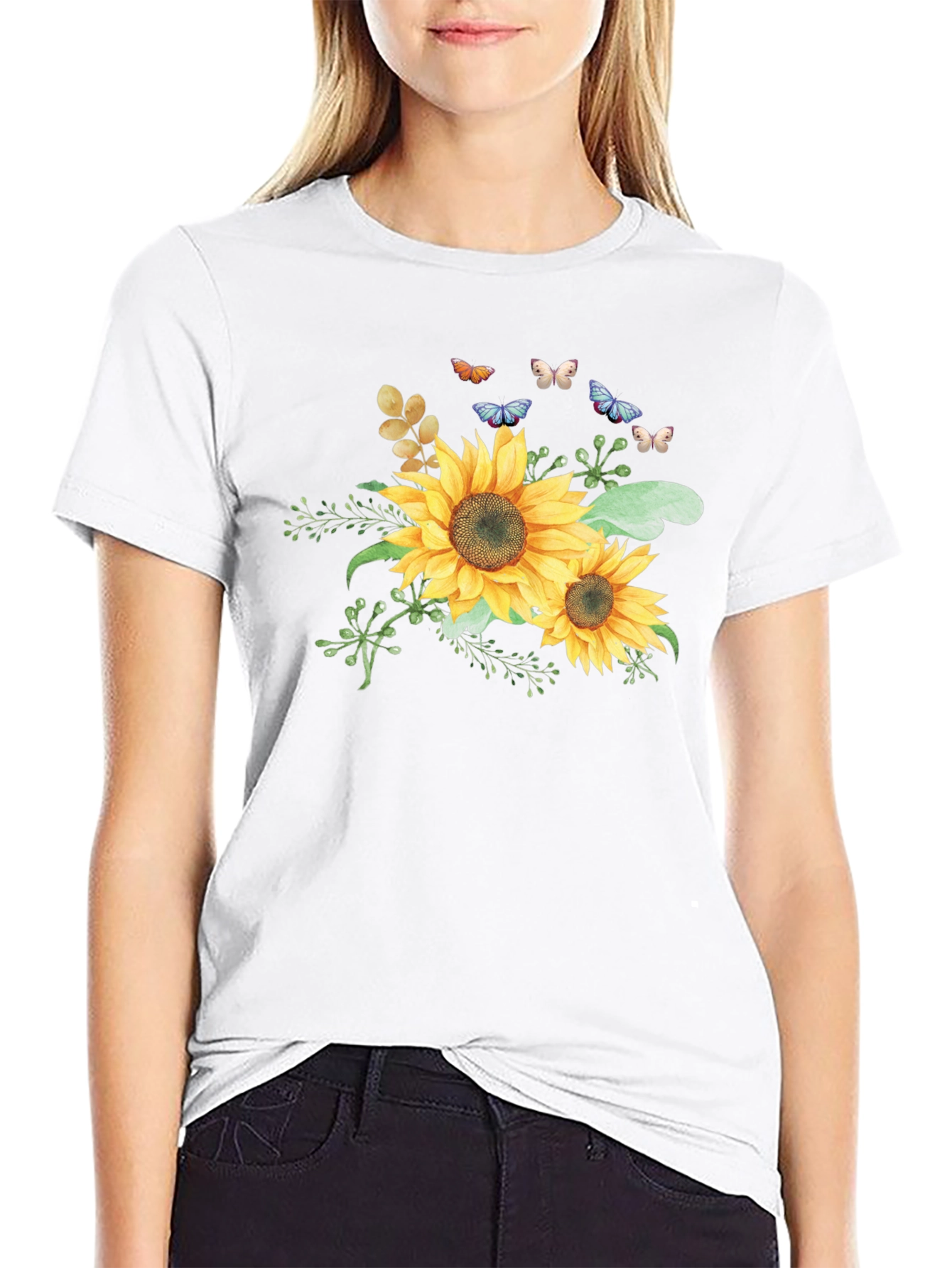 Sunflower & Butterfly Graphic Black T-Shirt