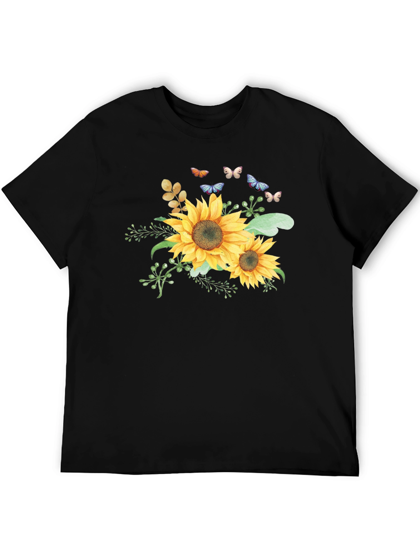 Sunflower & Butterfly Graphic Black T-Shirt
