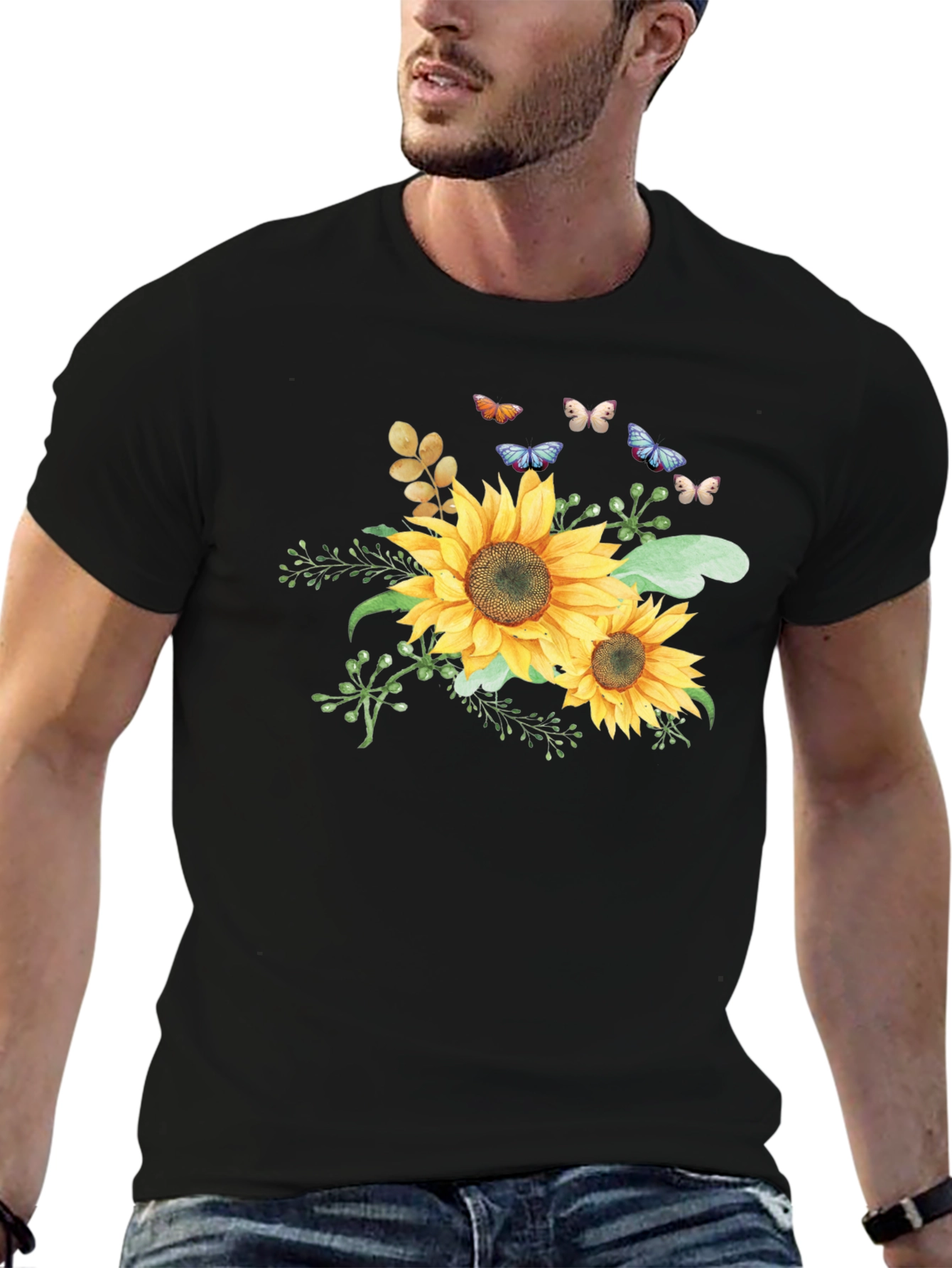 Sunflower & Butterfly Graphic Black T-Shirt