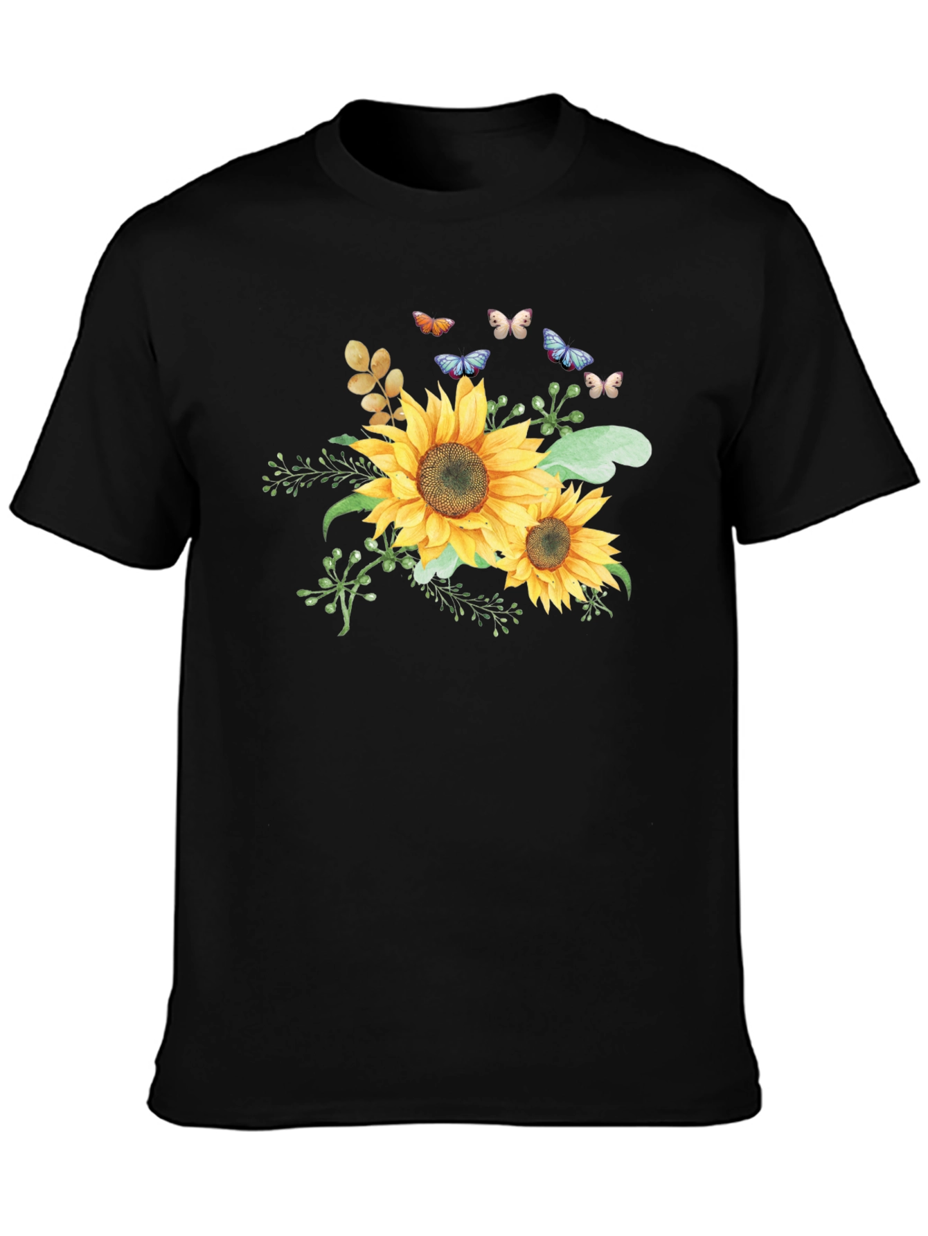 Sunflower & Butterfly Graphic Black T-Shirt