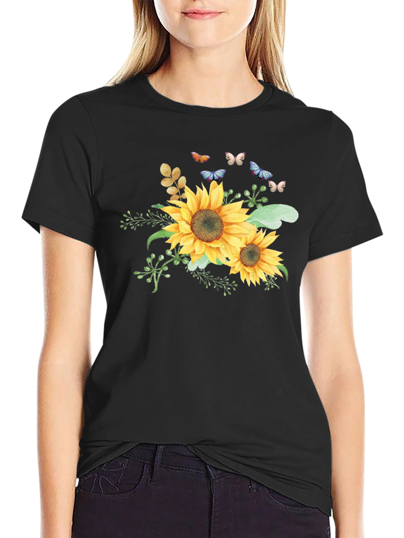 Sunflower & Butterfly Graphic Black T-Shirt