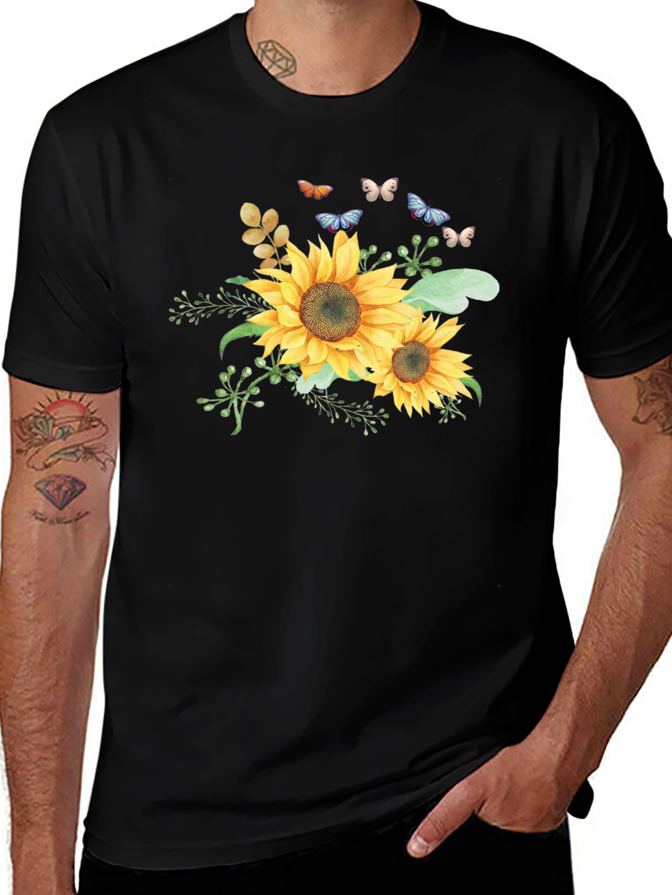 Sunflower & Butterfly Graphic Black T-Shirt