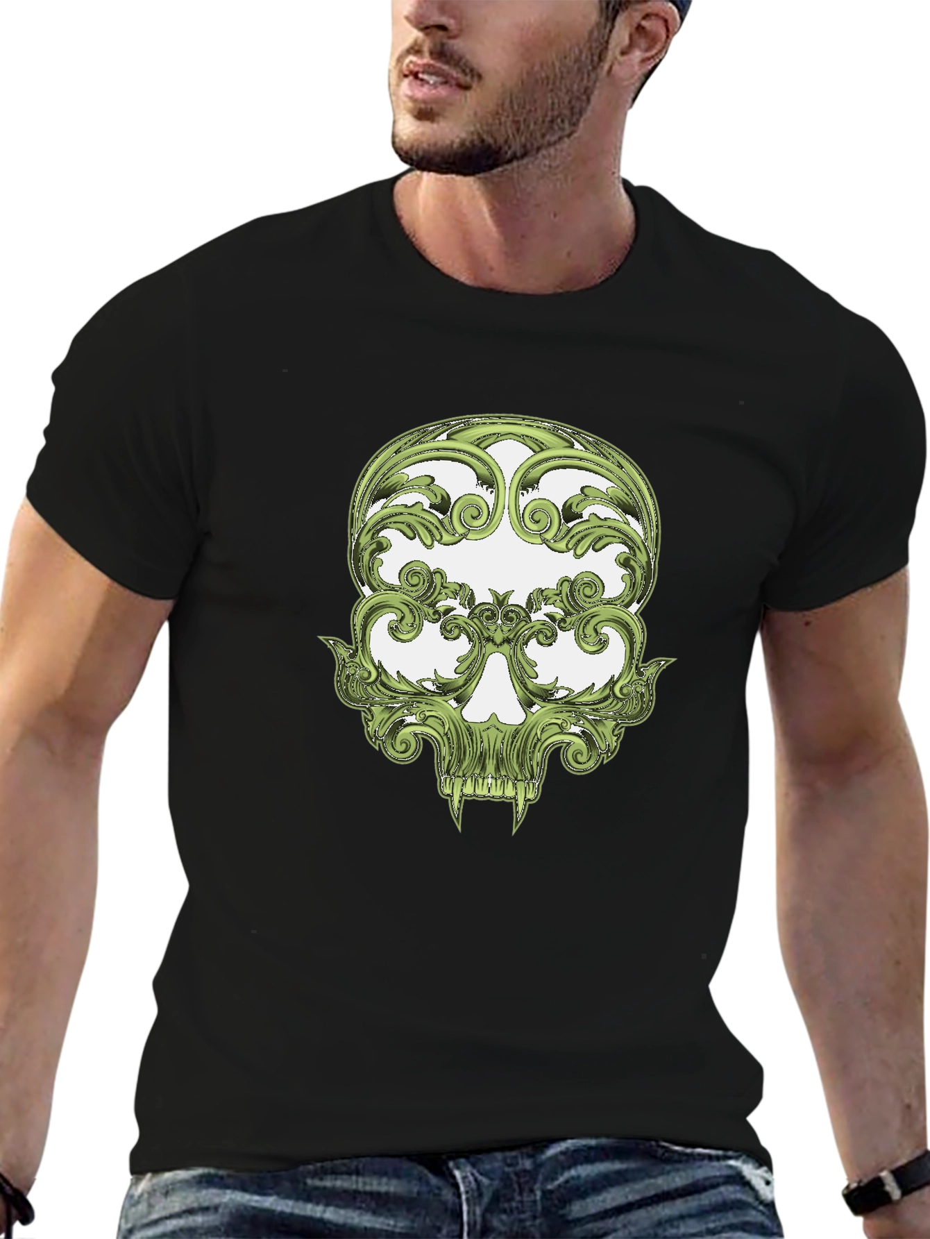 Floral Skull Graphic Tee - Black Cotton T-Shirt