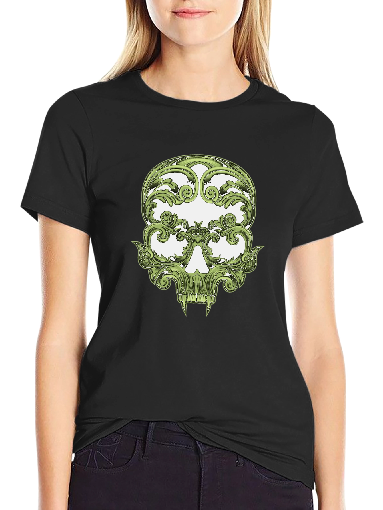 Floral Skull Graphic Tee - Black Cotton T-Shirt