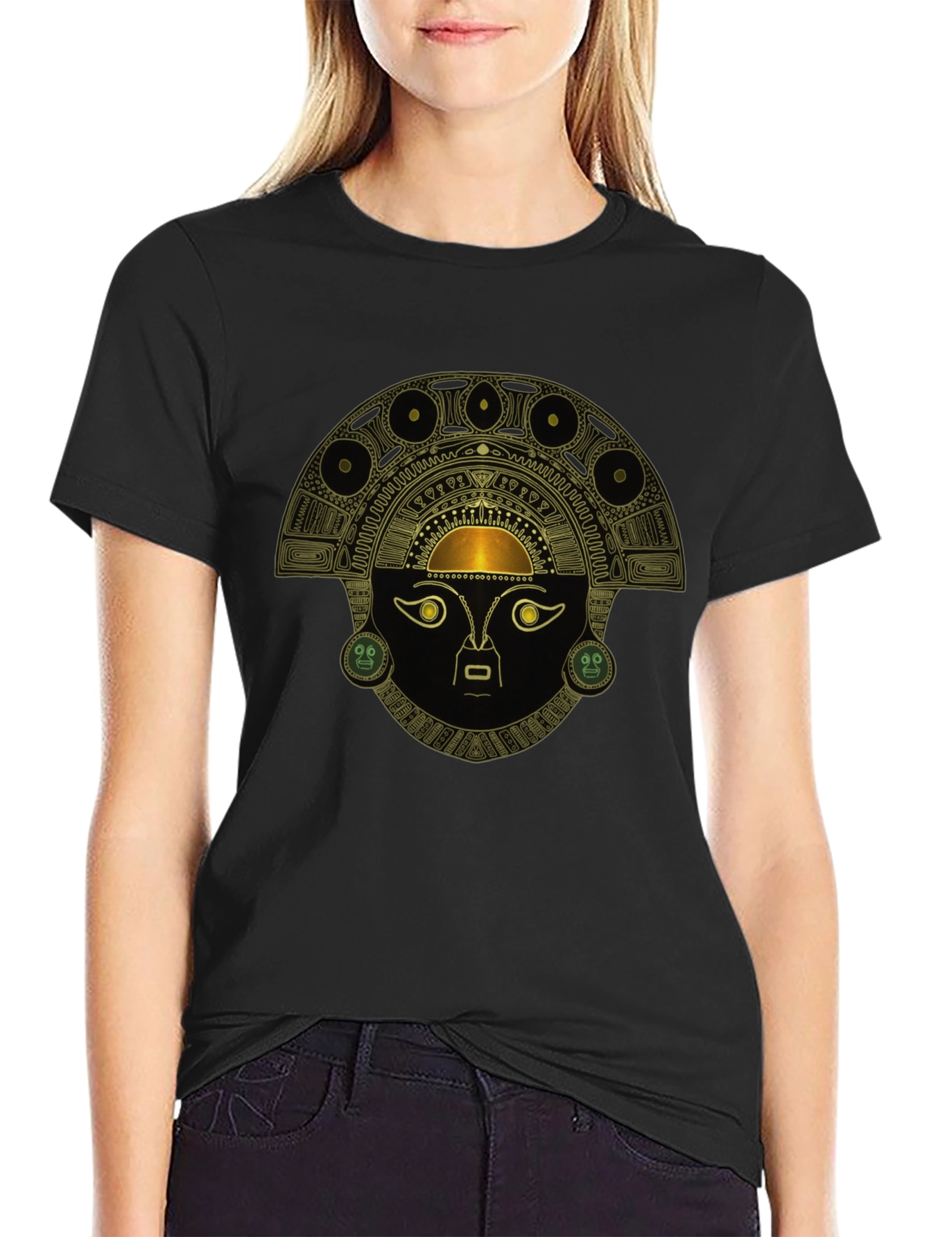 Black T-Shirt with Ancient Inca Mask Design