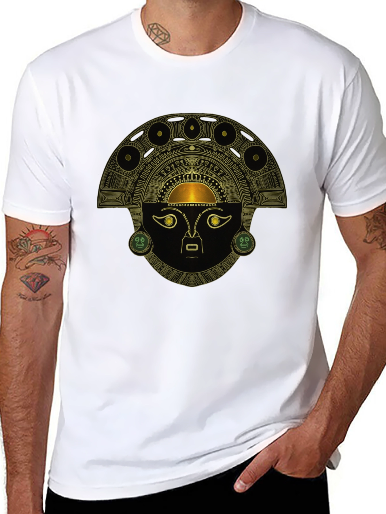 Black T-Shirt with Ancient Inca Mask Design