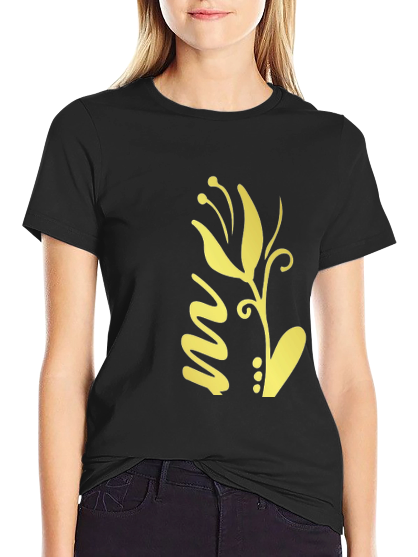 Black T-Shirt with Gold Floral Design
