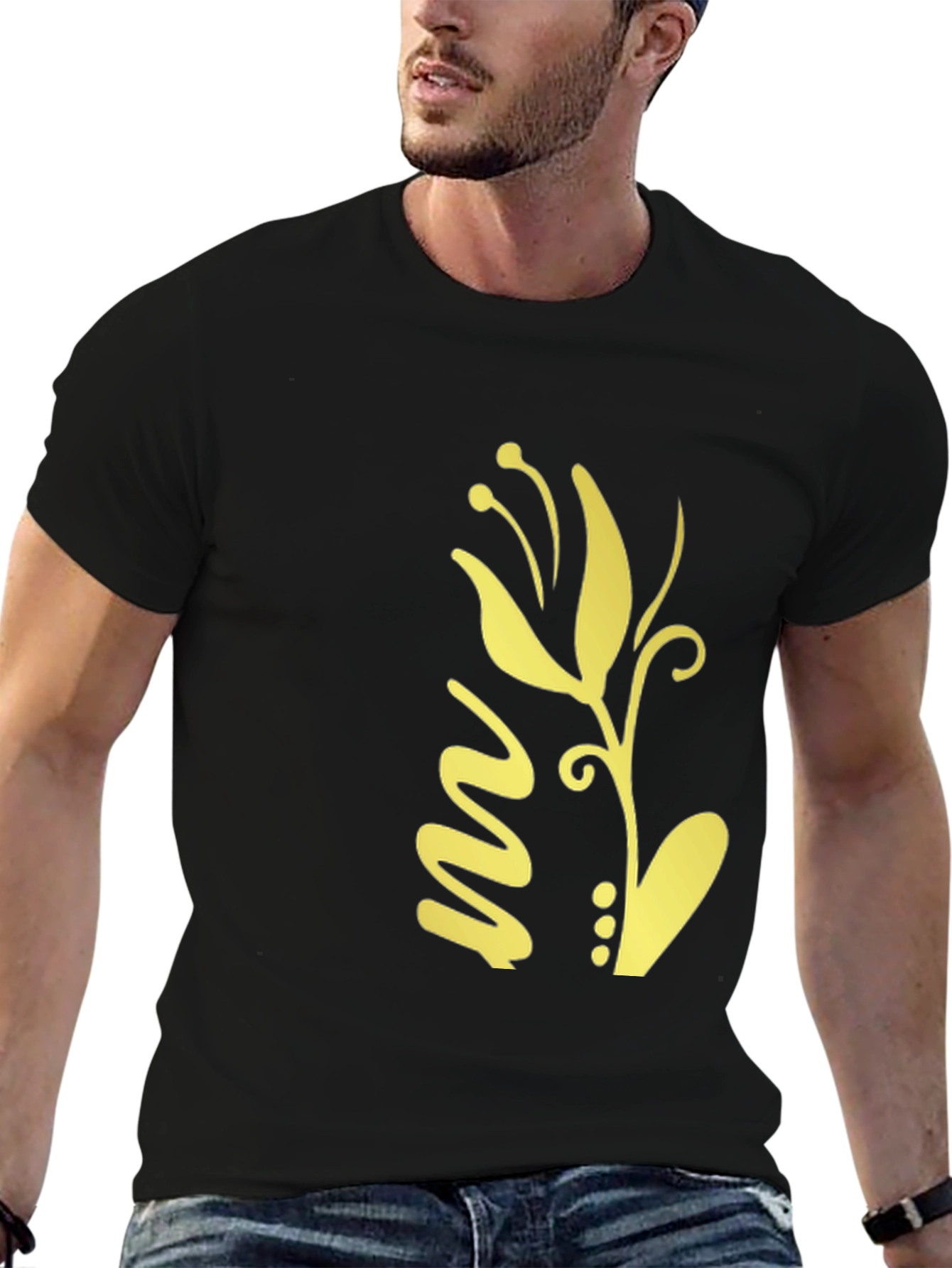Black T-Shirt with Gold Floral Design