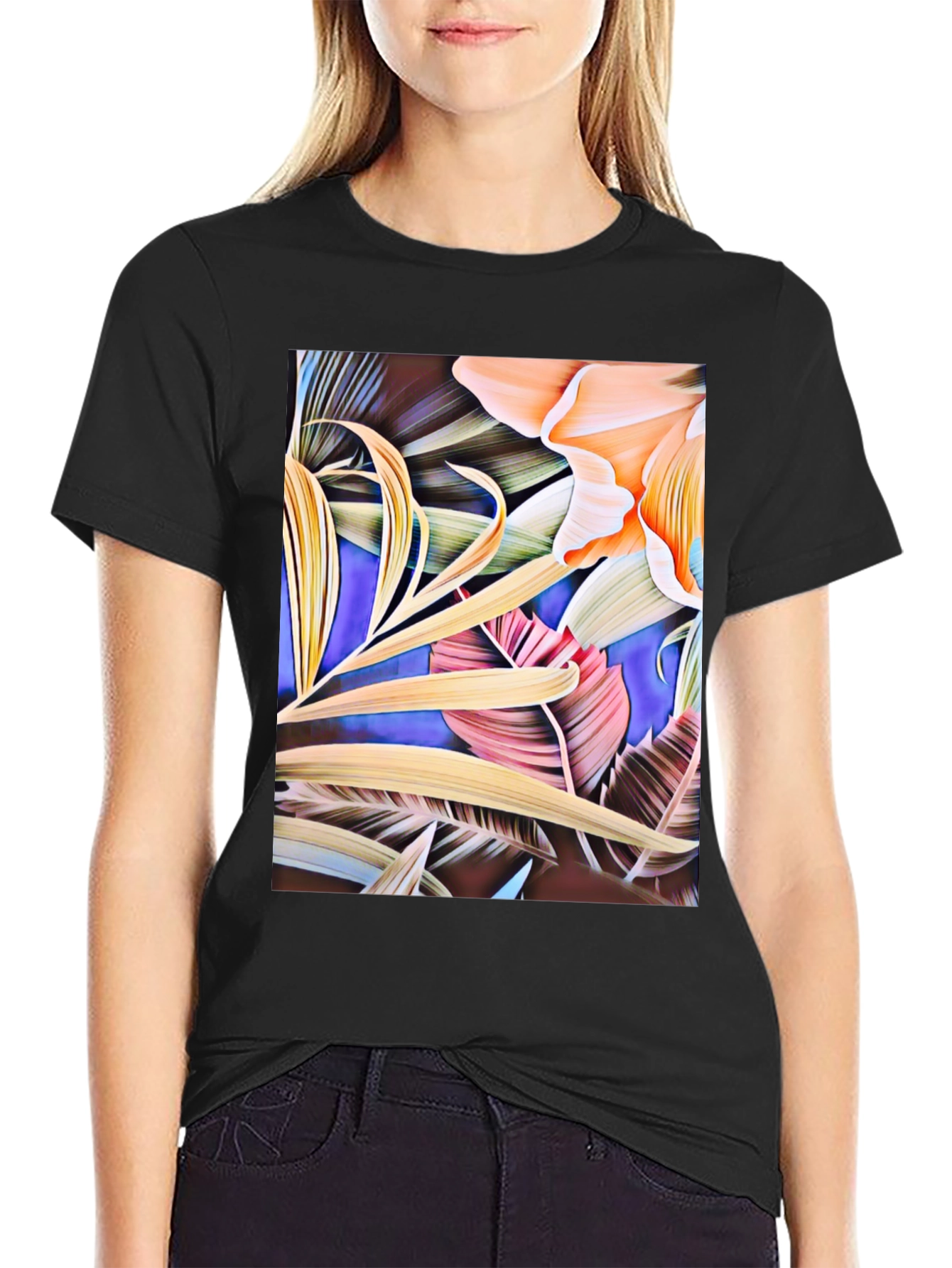 Floral Print Black Graphic T-Shirt