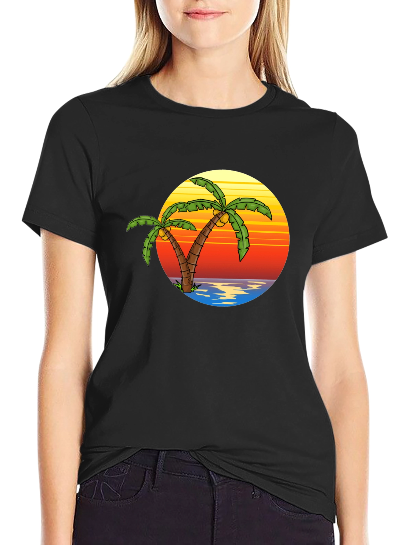 Tropical Palm Tree Sunset Black T-Shirt
