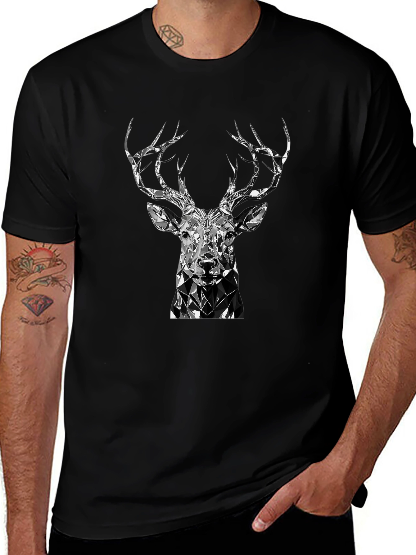 Geometric Deer Head Black T-Shirt