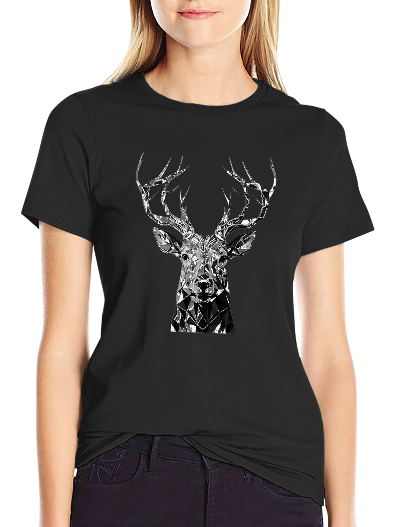 Geometric Deer Head Black T-Shirt